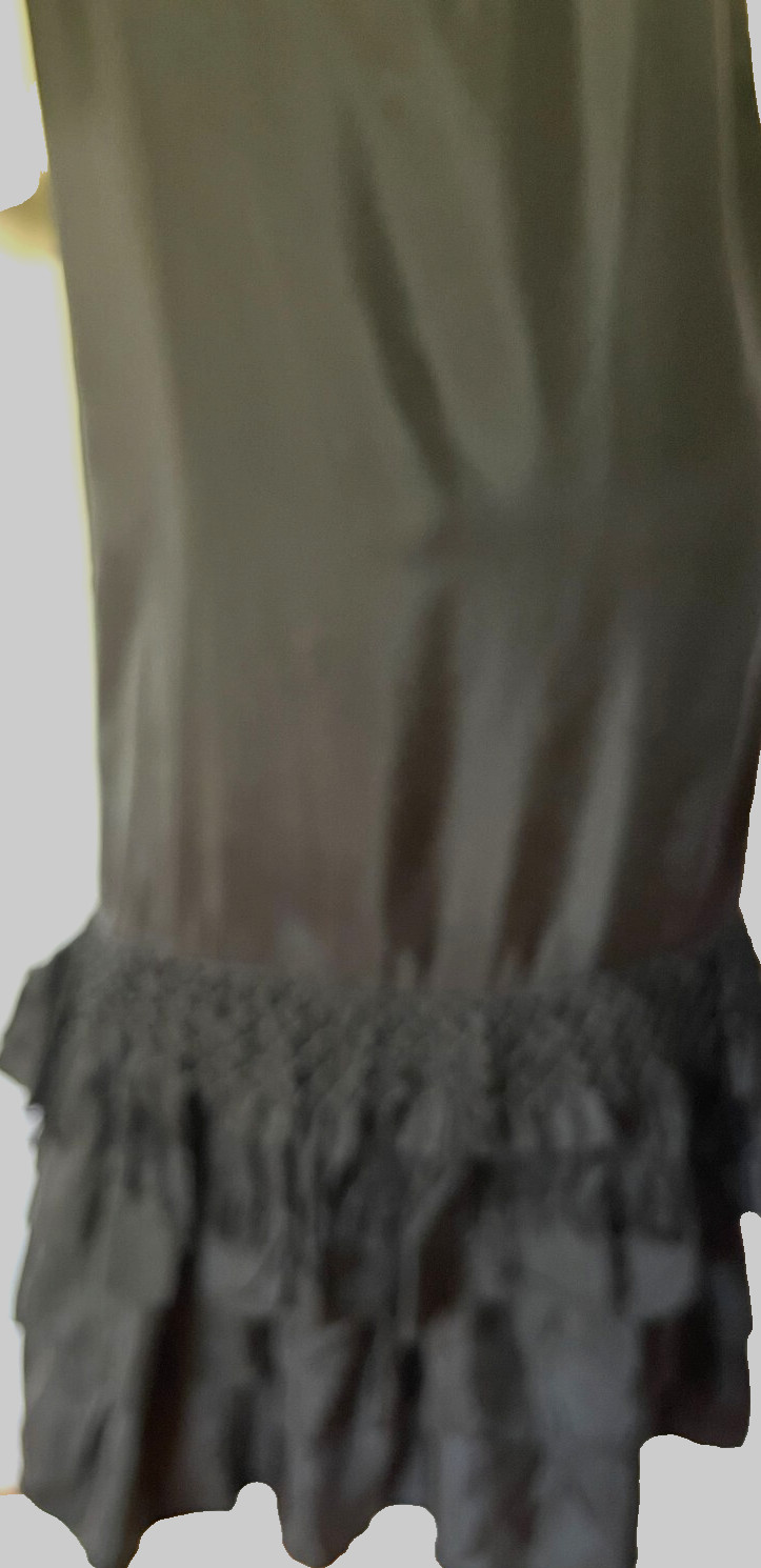 Black Silk Satin 1920 Flapper Sleeveless Dress W/ Fringe Four /Ruffles at Hem
