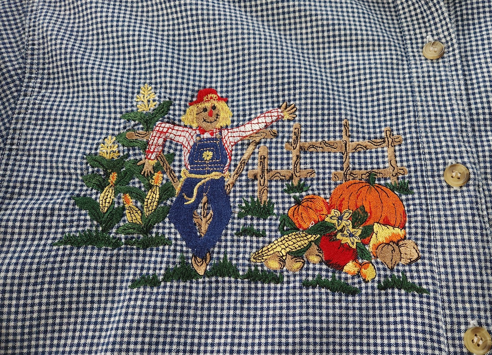 Solutions Vtg Scarecrow Pumpkins Embroidered Cottagecore Button Up Shirt