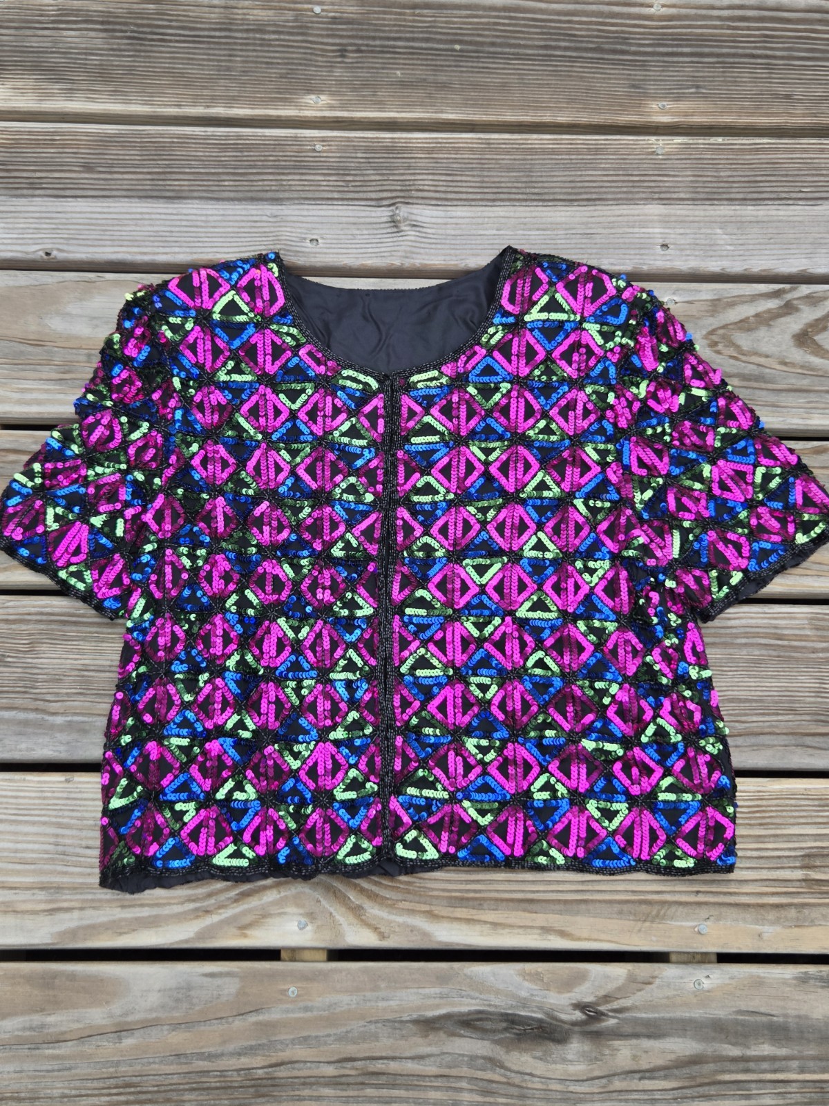 Vintage Sequin Jacket Womens Neon Geometric Beaded Party Top 80s Disco Glam