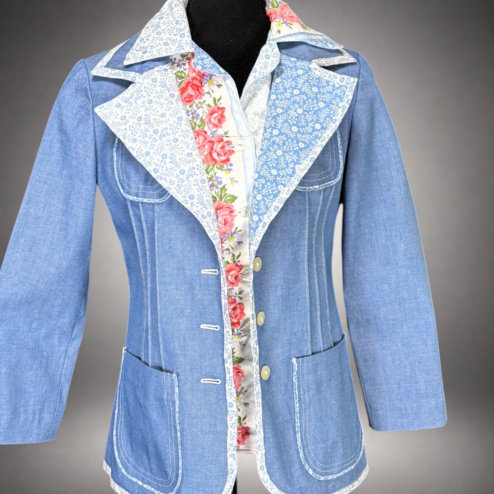 Vintage 1970s Handmade 3 Pc Denim Pant Suit Floral Boho Prairie Women’s Set