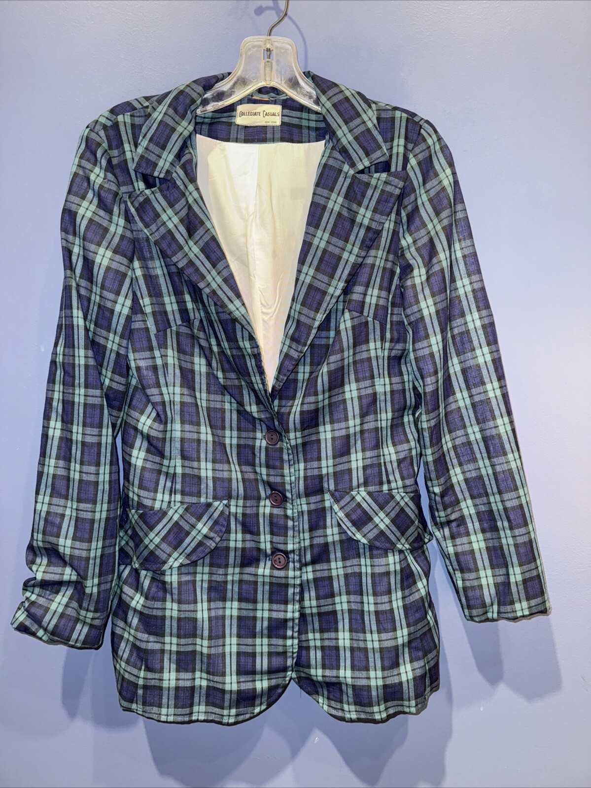 1950 Rag Plaid Blazer, Vintage Collegiate Casuals Women’s Navy Green Satin Lined