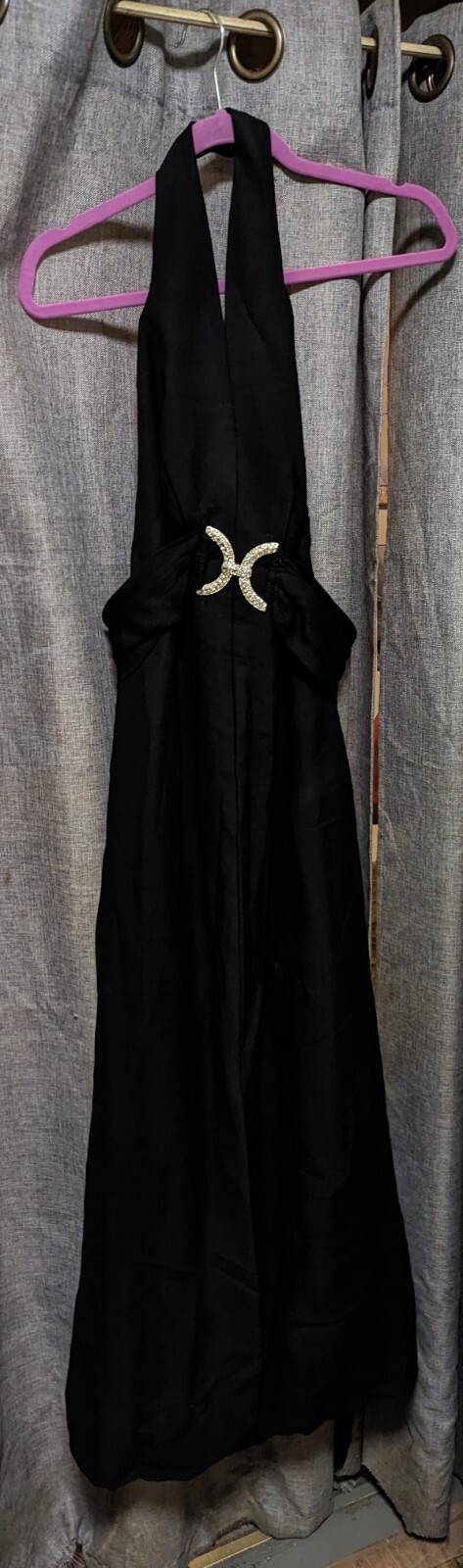 Vintage Black Crepe Marilyn Monroe Formal Evening Gown Rhinestones Halter Med