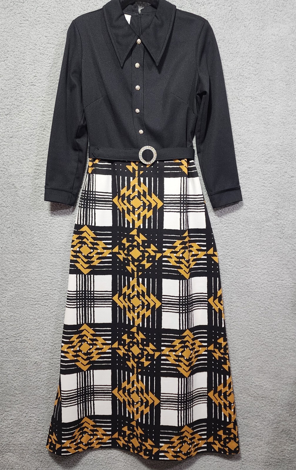 Vintage Puritan Forever Young Retro 70’s Maxi Dress Black Gold Zipper Size Small