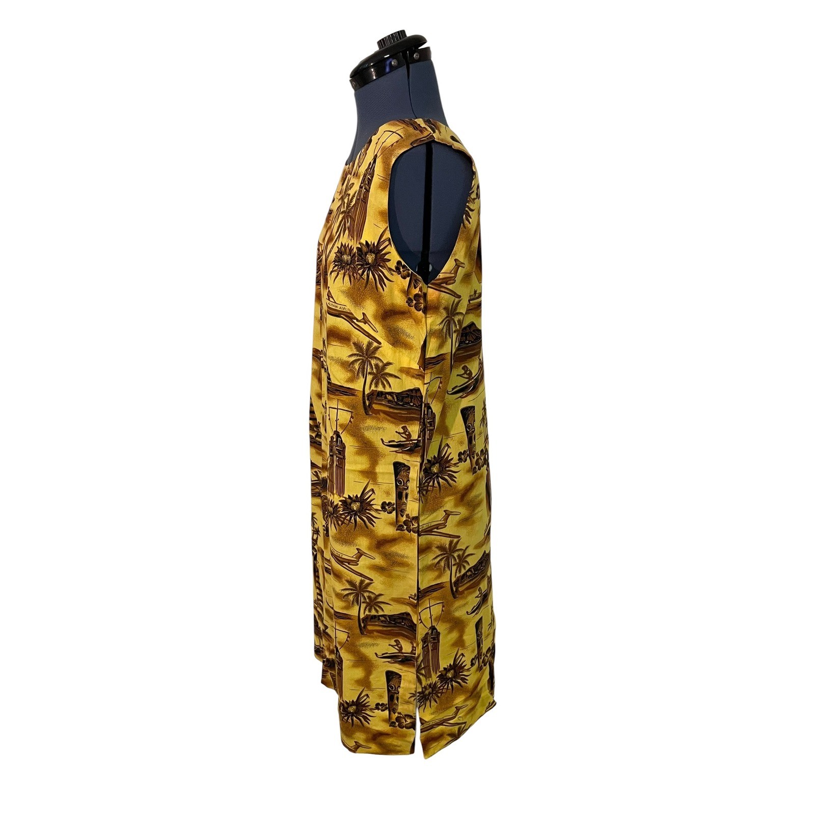 Vintage Fashions of Hawaii Yellow Aloha Airlines Tiki Sleeveless Shift Dress XL
