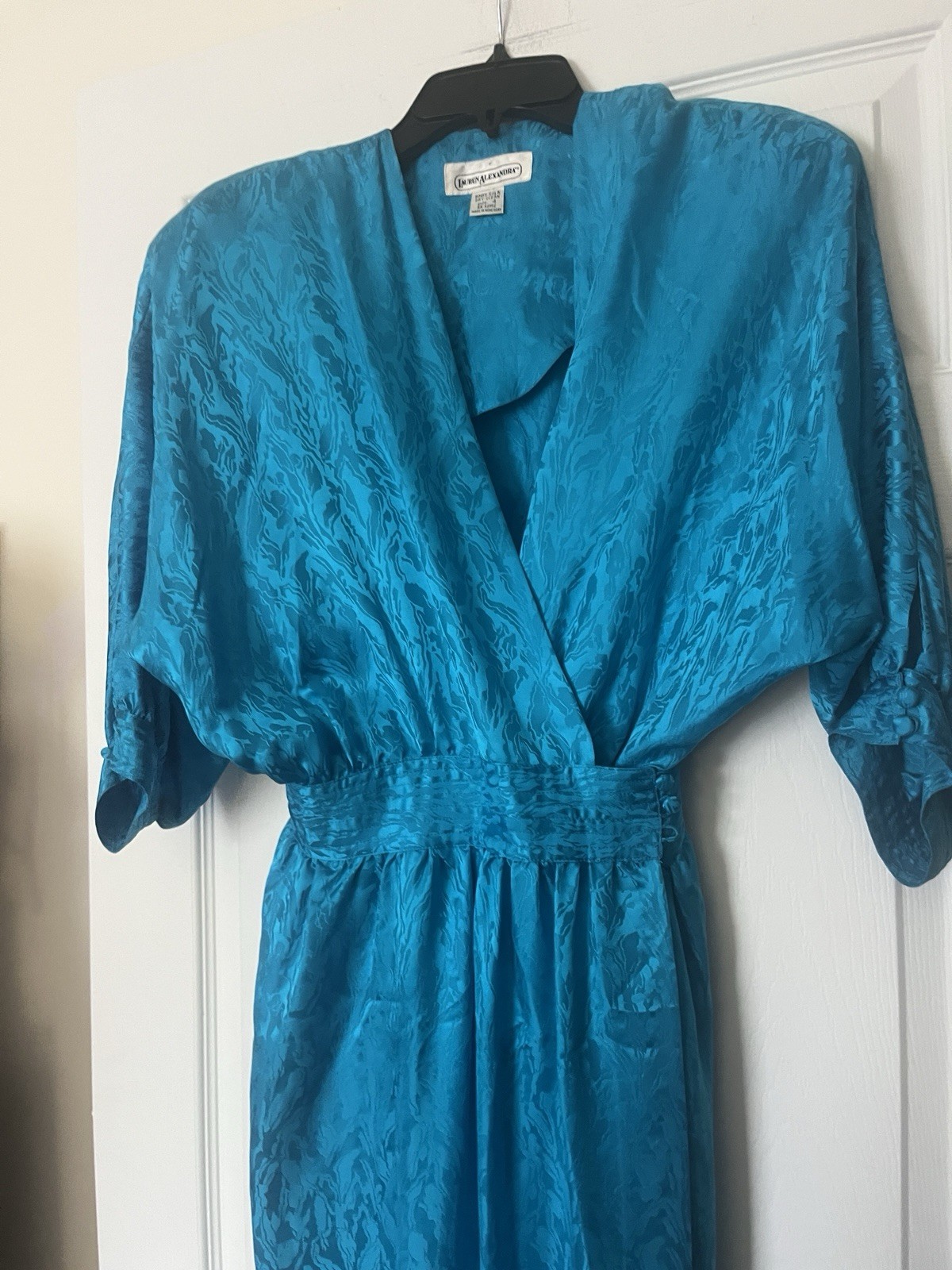 1980s Teal 100% Silk Wrap Midi Dress by Lauren Alexandra Vintage 4 approx XXS 00