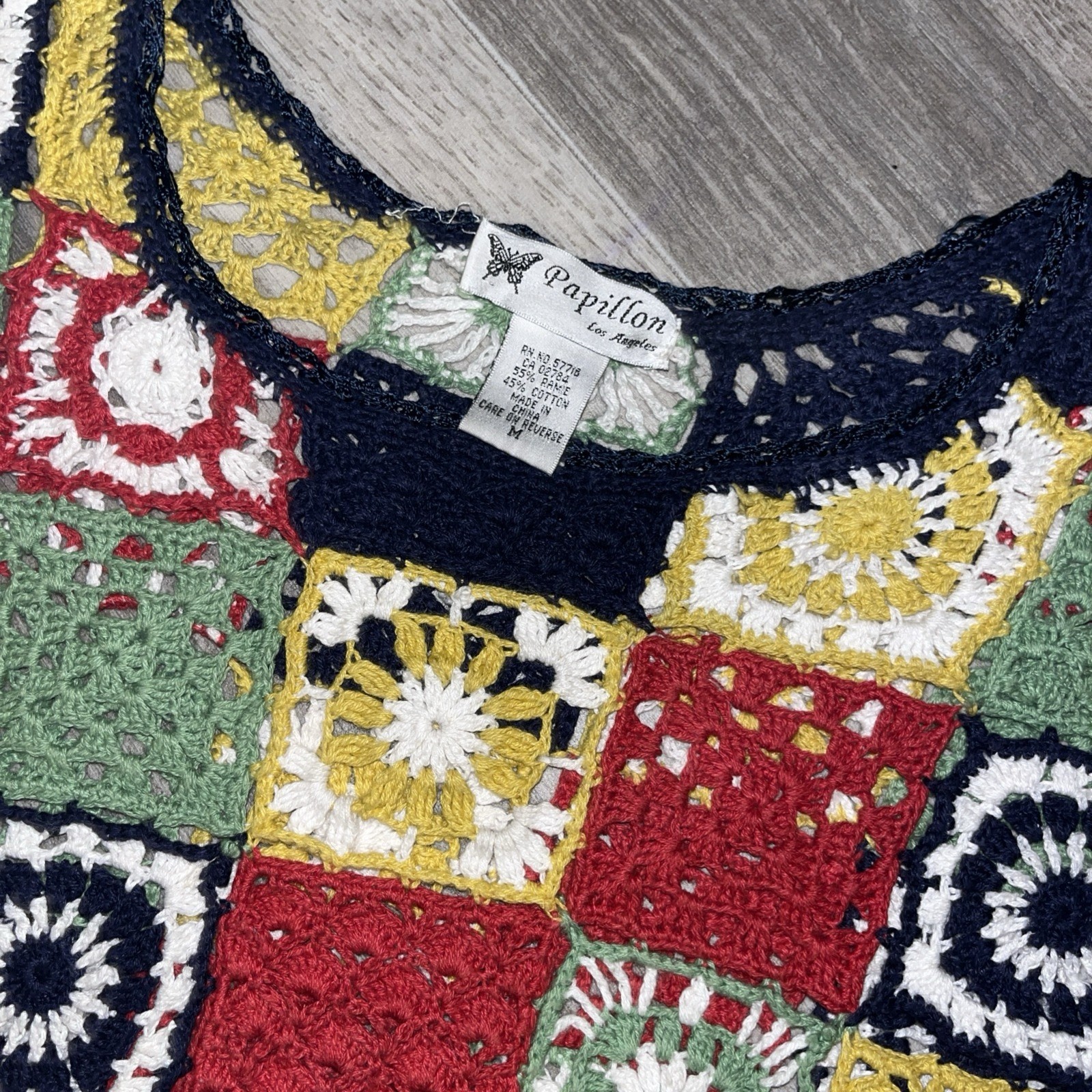 Papillon Los Angeles Crochet Granny Square Long Sleeve Top Vintage Multi Sz Med