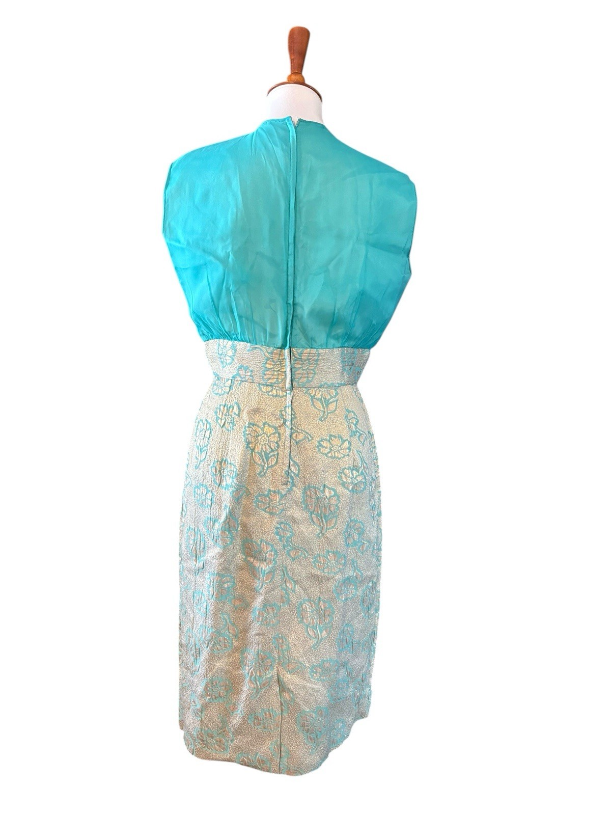 Vtg 60s Wiggle Dress Bow Cocktail Party Wedding Elegant Turquoise Gold Small