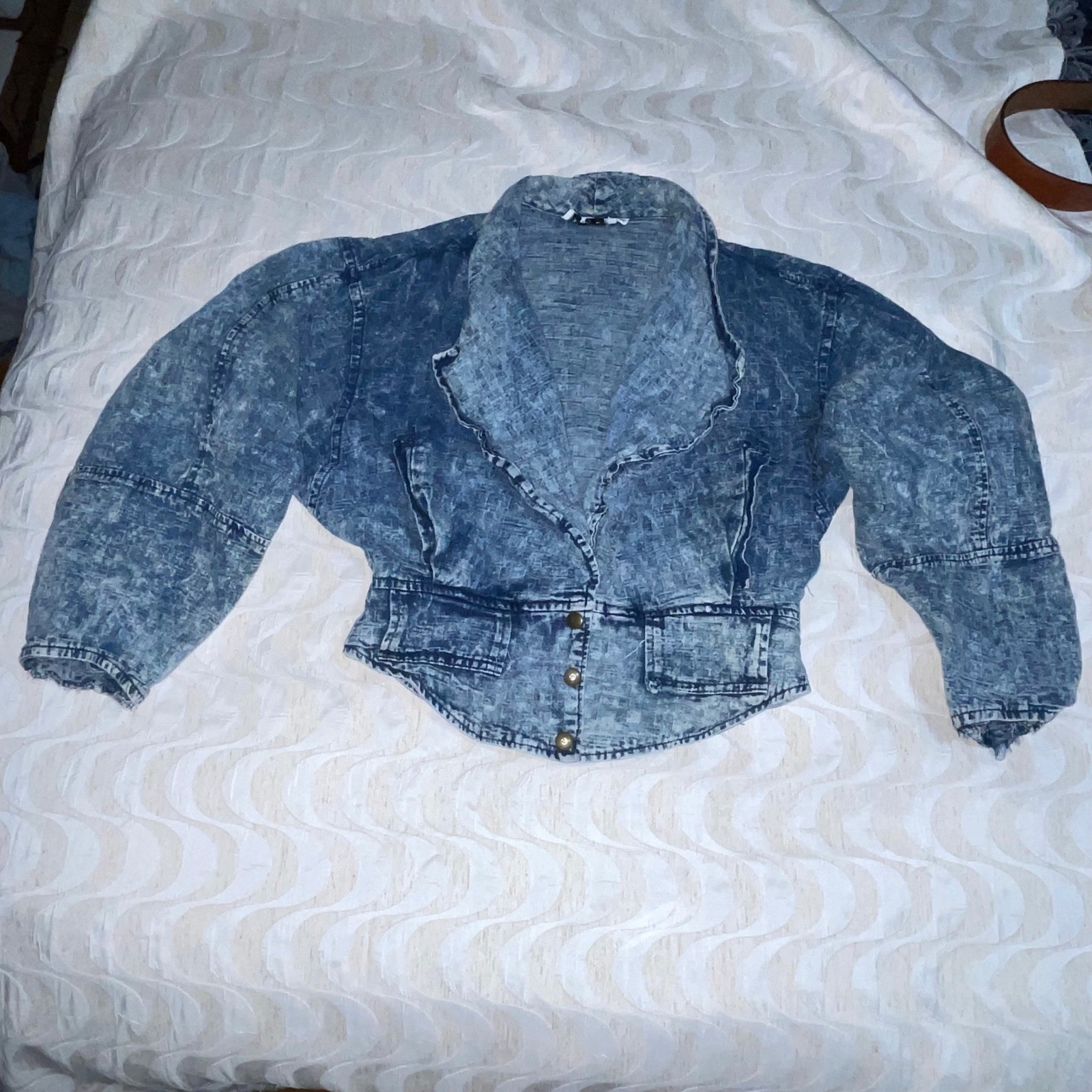 80s Paris Blues Acid Wash Denim 2 pc skirt & jacket Talon 42 Zip Puff Sleeve