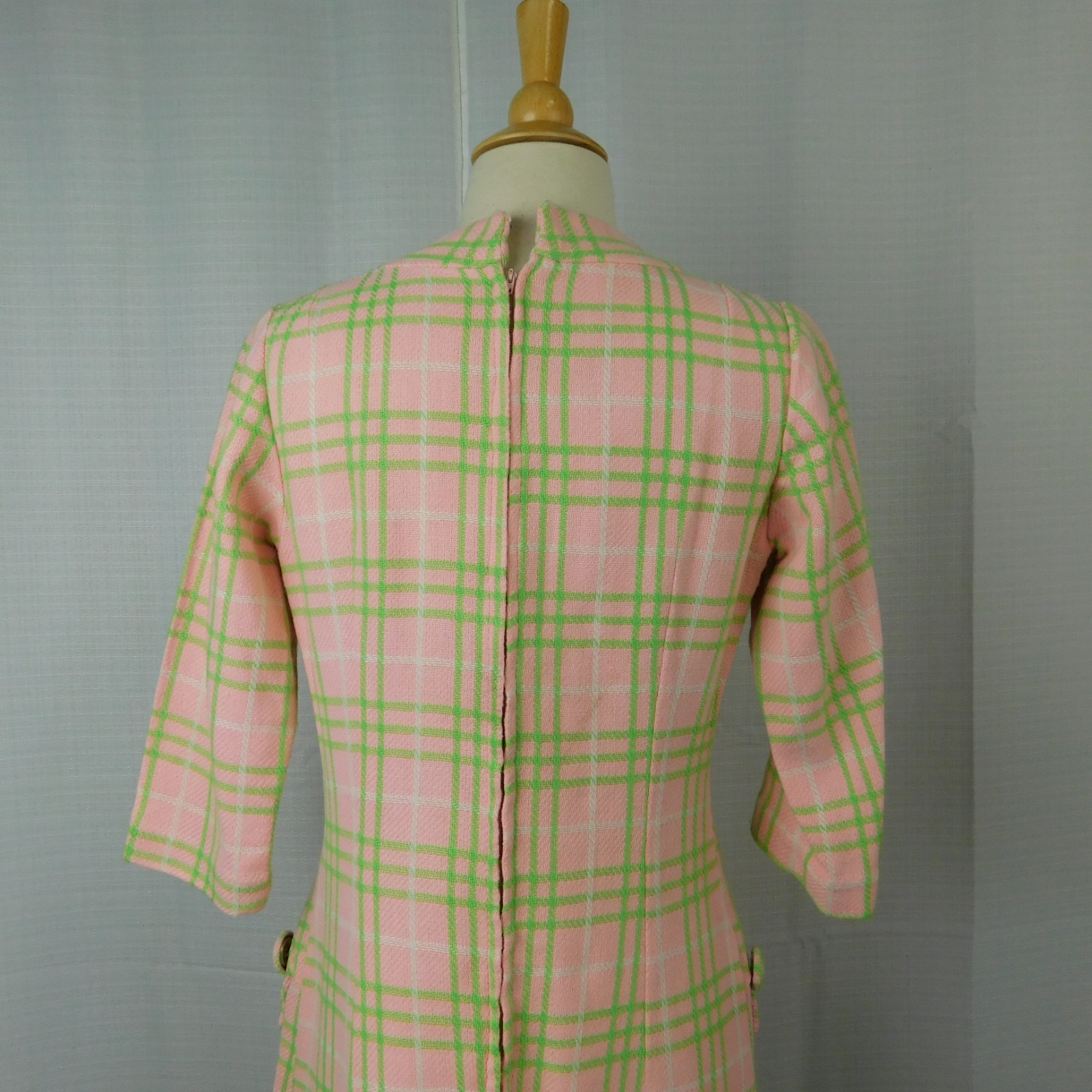 VTG 60s Mod Dress Womens Pink Lime Green Plaid Handmade Wool Knit Twiggy Gogo