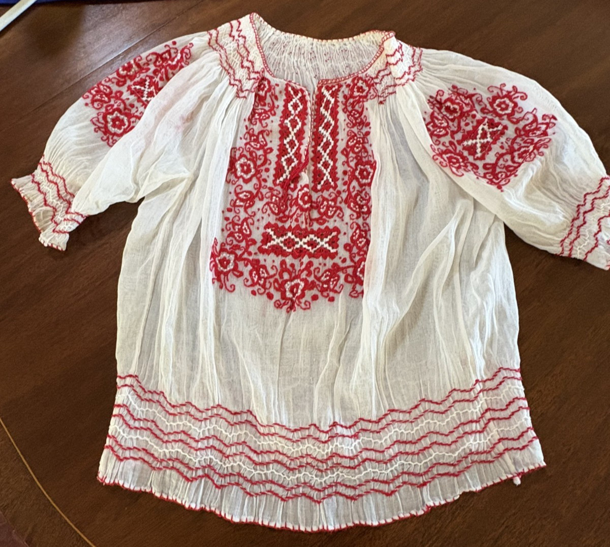 Authentic Antique 1930s 40s Yugoslavian Hand Embroidered Hand Smocked Blouse S-M