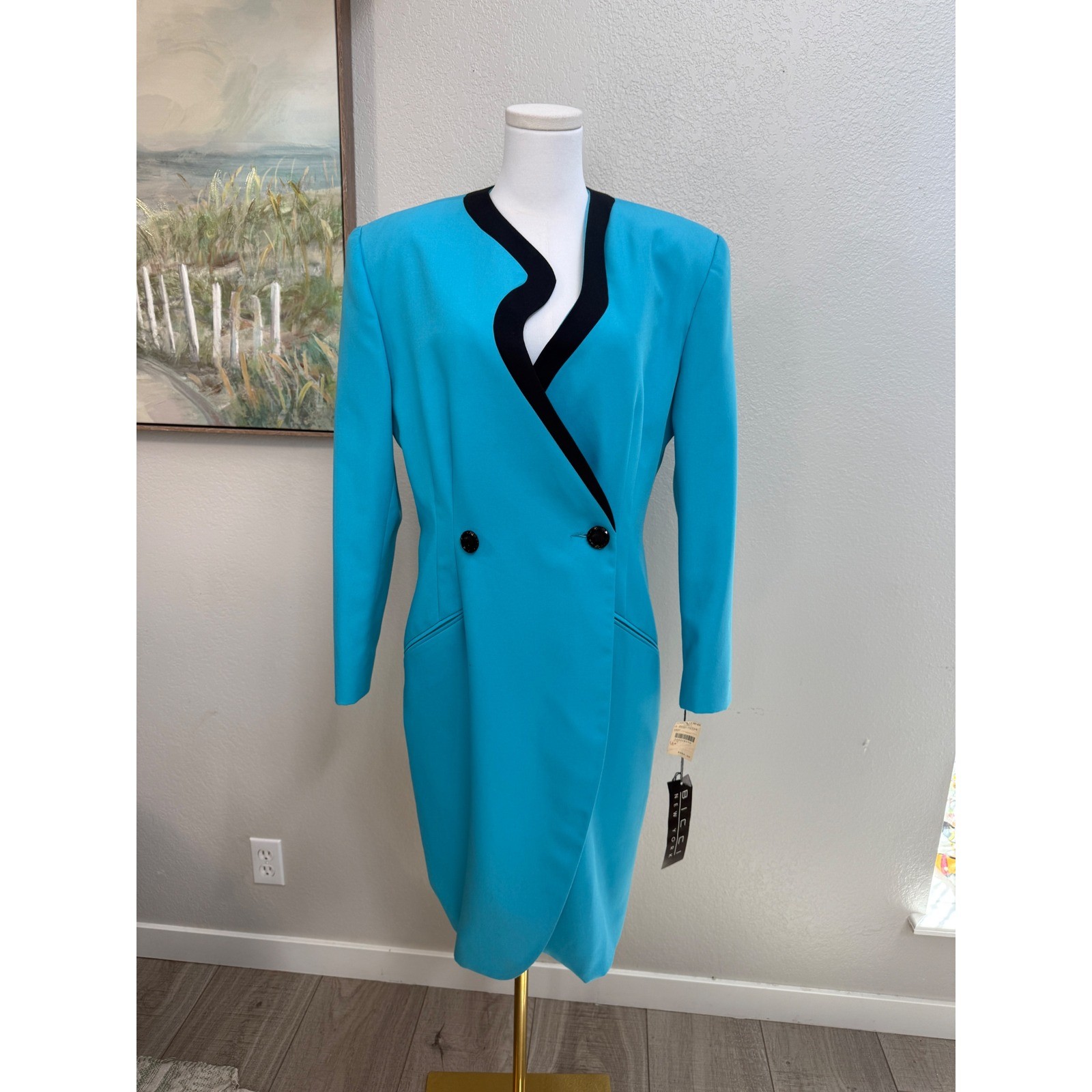 Bicci New York Vintage Turquoise Blue Black Trim Coat Dress Size 14 Made in USA