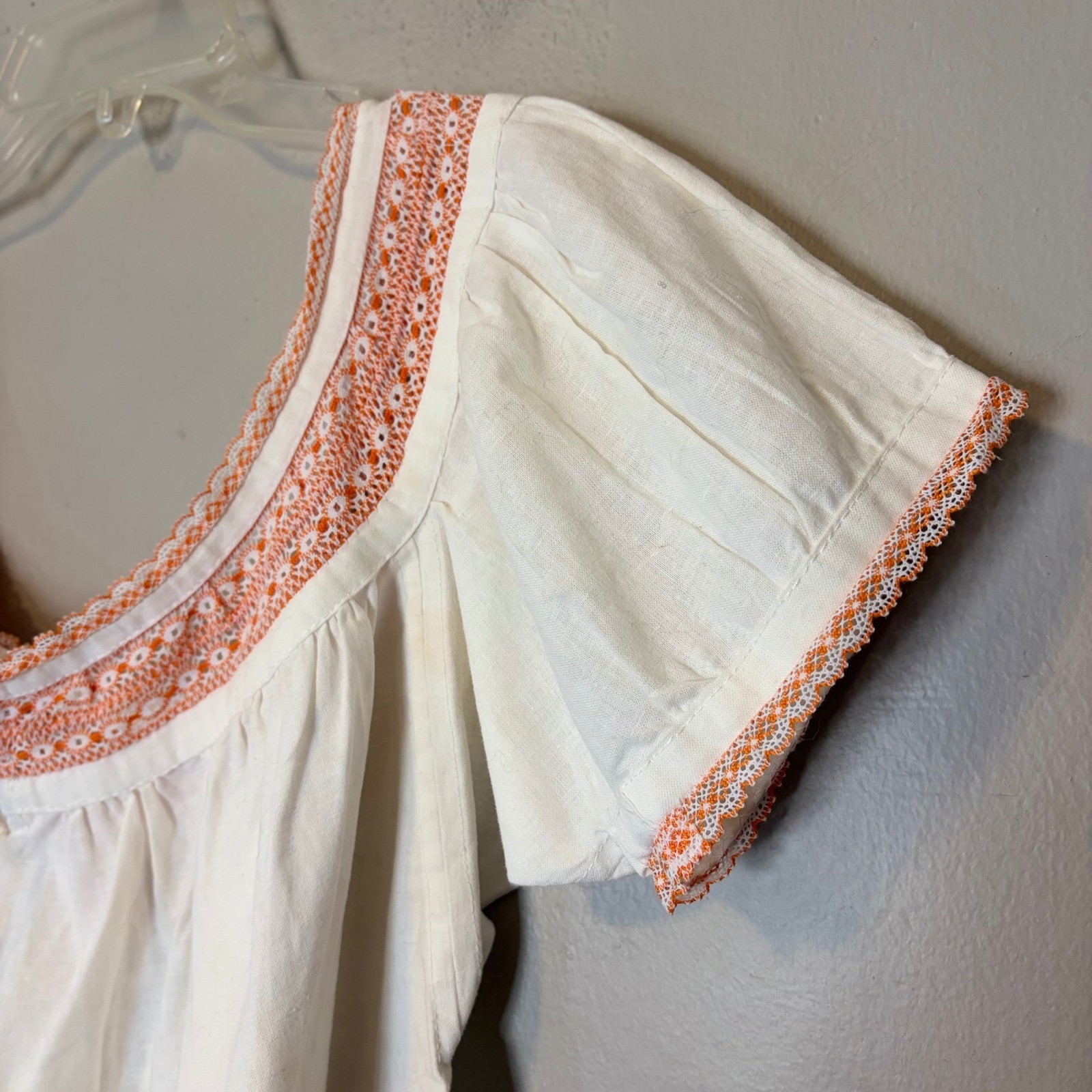 Vintage 70s White Cotton Peasant Blouse Floral Embroidery Orange Lace Boho Top M