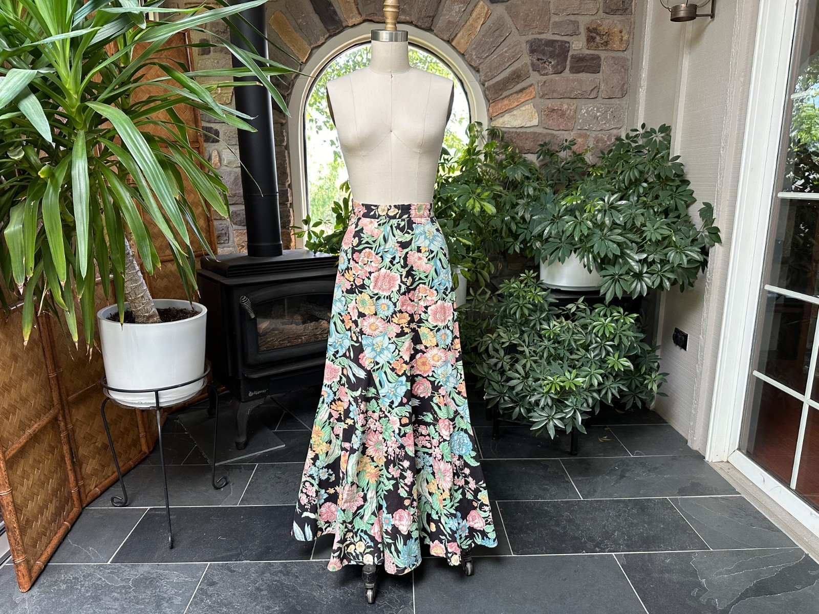 Vintage 1970s Bias Cut Swirl Black Pink Green Floral Maxi Skirt Kelita New York