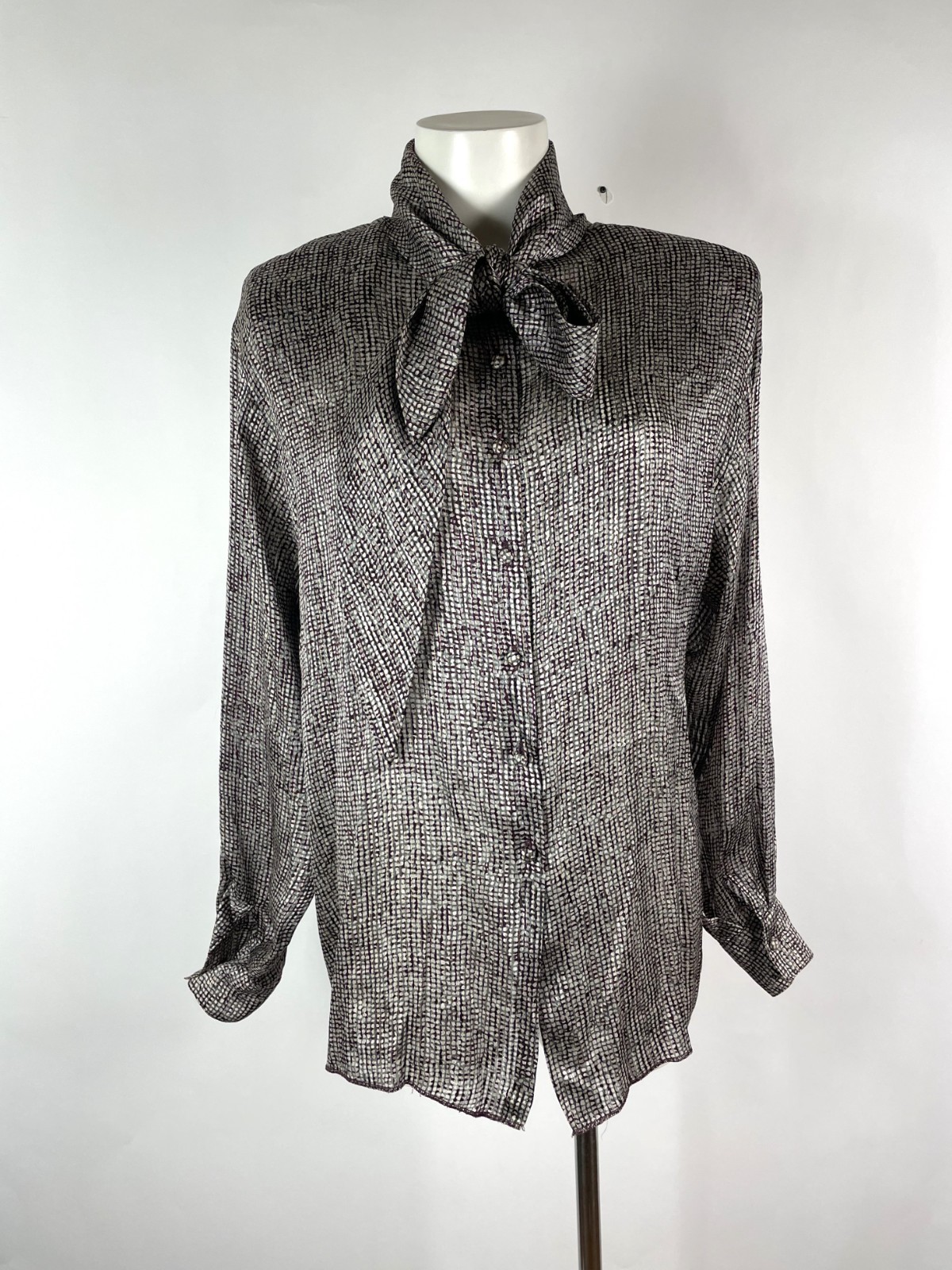 St. John Vintage Gold Metallic Burgundy Neck Tie Blouse 8