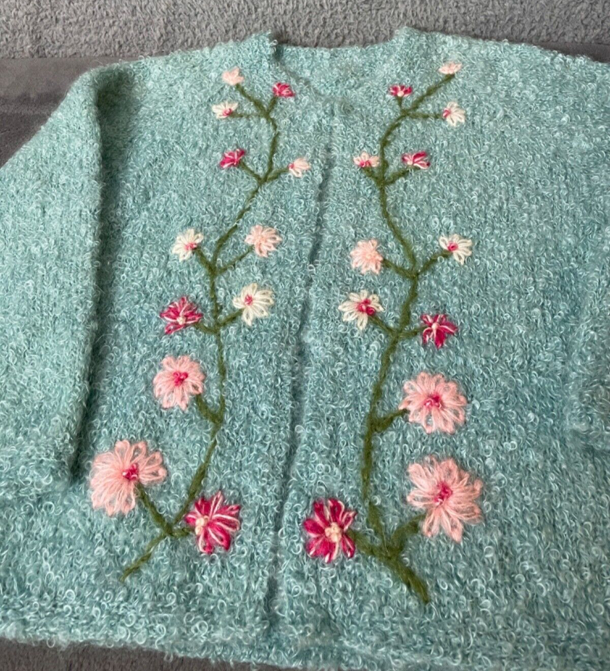 VTG Artisan Made Hand Knit Cardigan Sweater Womens S/M Aqua Pink Floral Nubby