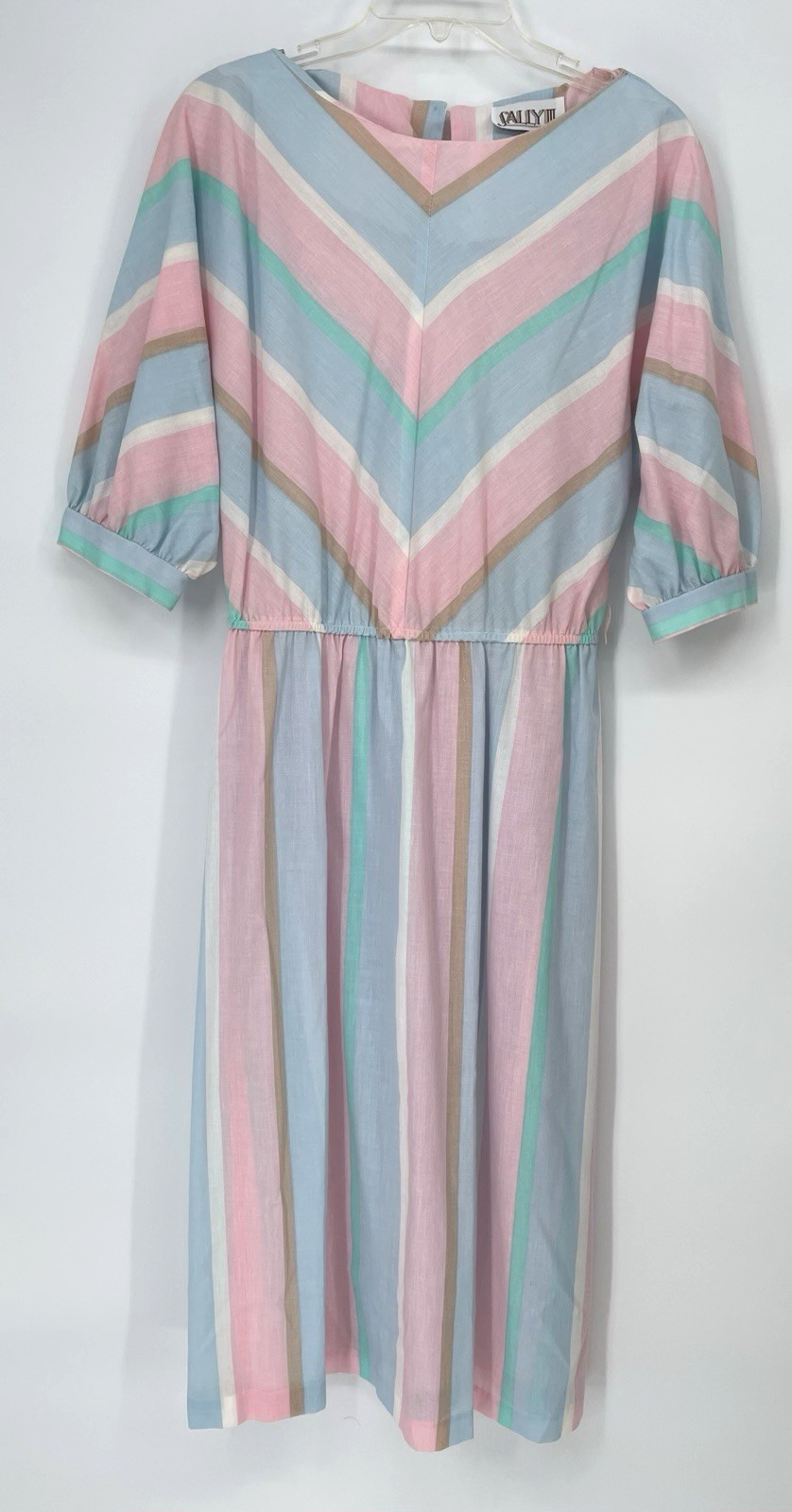 VTG Retro 1980s Pastel Chevron Striped Blouson Midi Cotton Shirt Dress md/lg