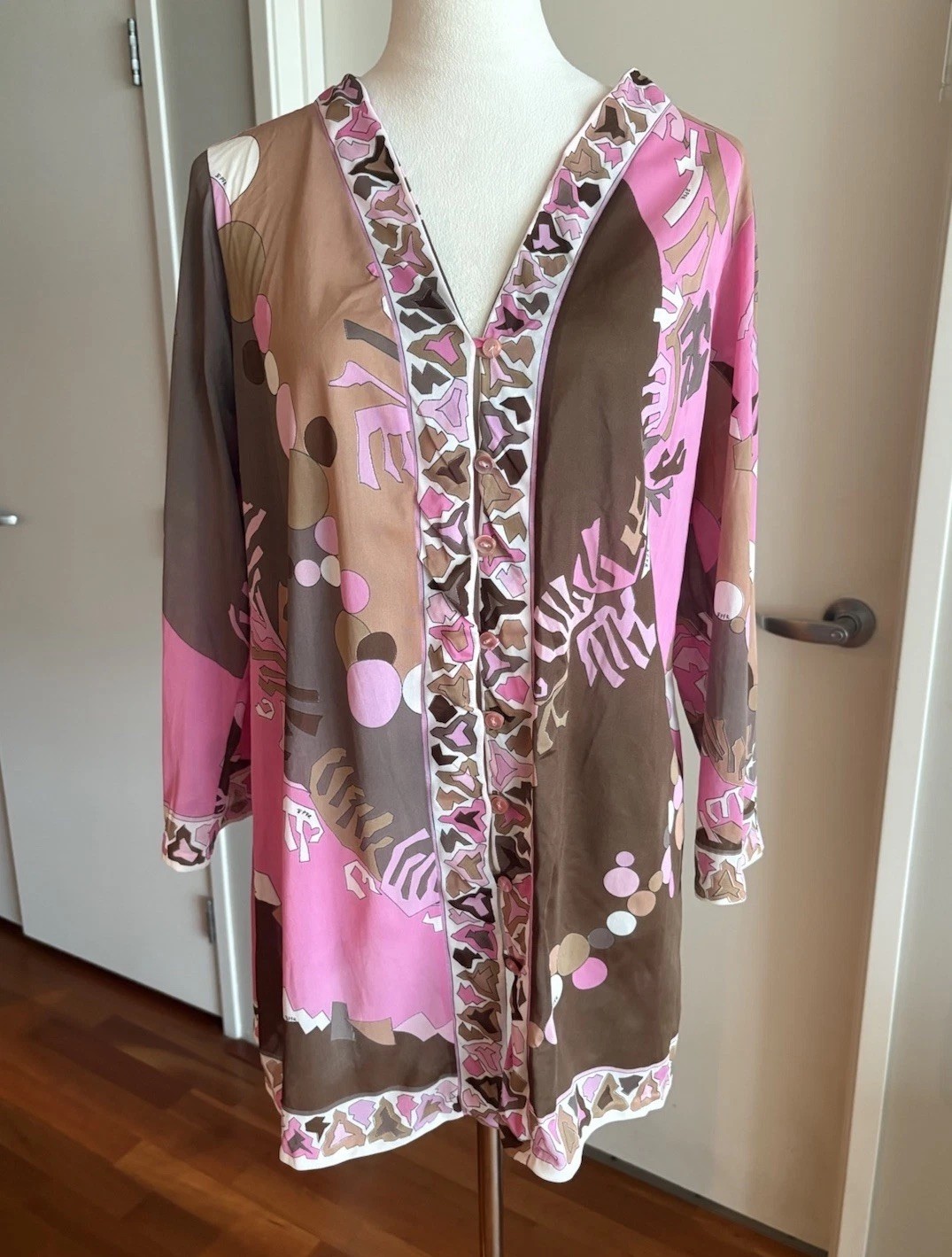 Vintage 1960s Emilio Pucci for Formfit Rogers Pink Brown Print Tunic Caftan Sz M