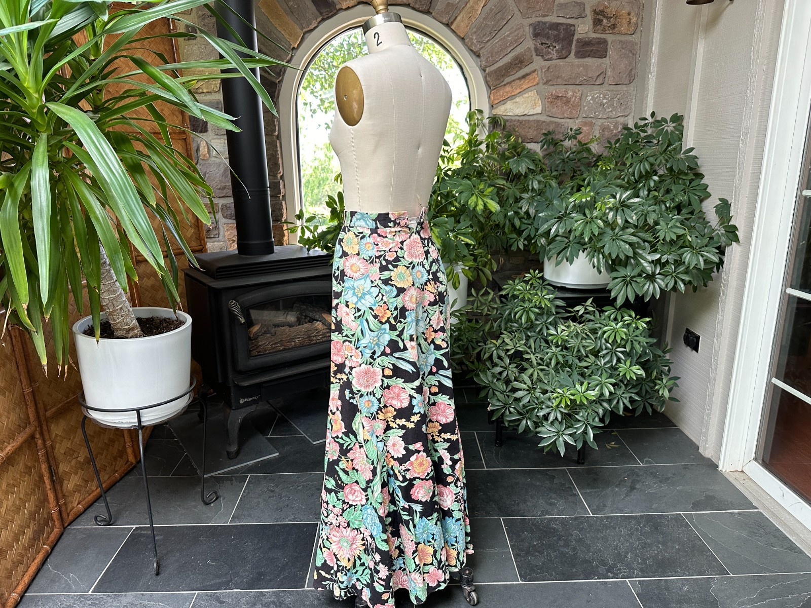 Vintage 1970s Bias Cut Swirl Black Pink Green Floral Maxi Skirt Kelita New York