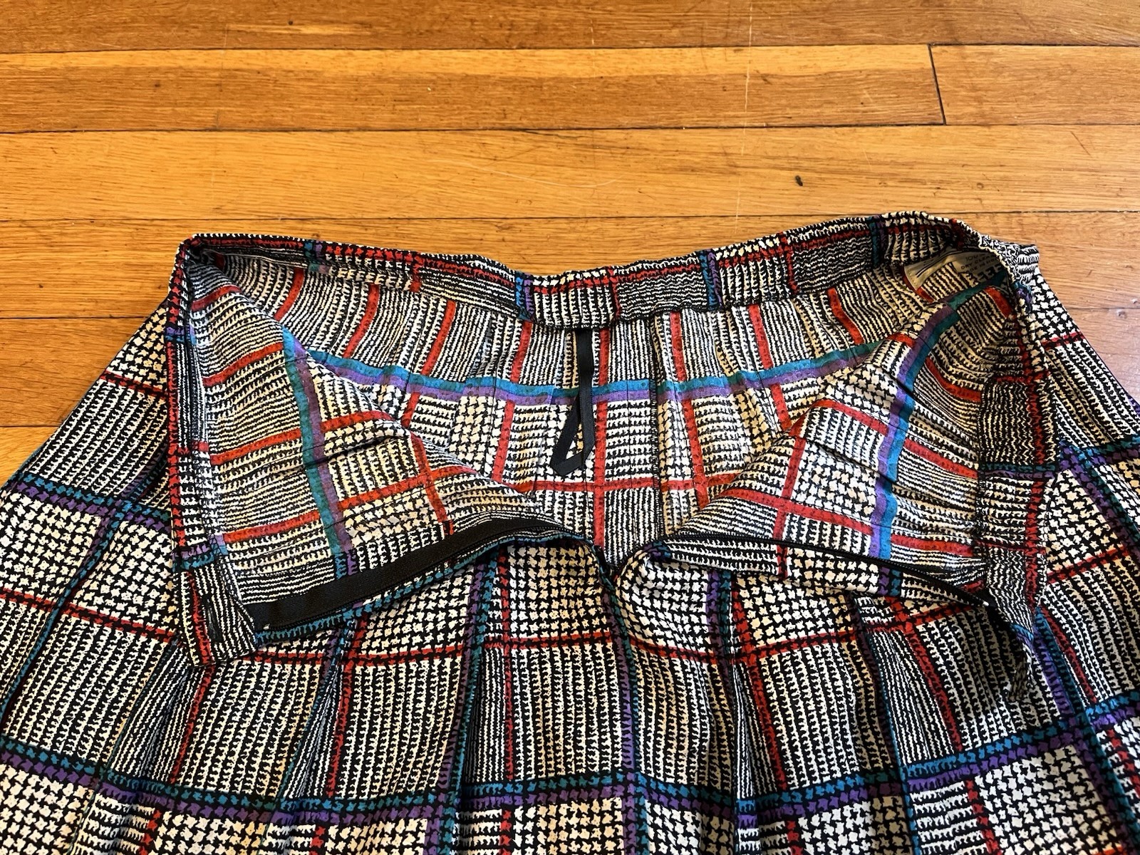 VINTAGE Starington Silk Blouse Skirt Scarf Set Women’s 12 Plaid Grey Blue 80s