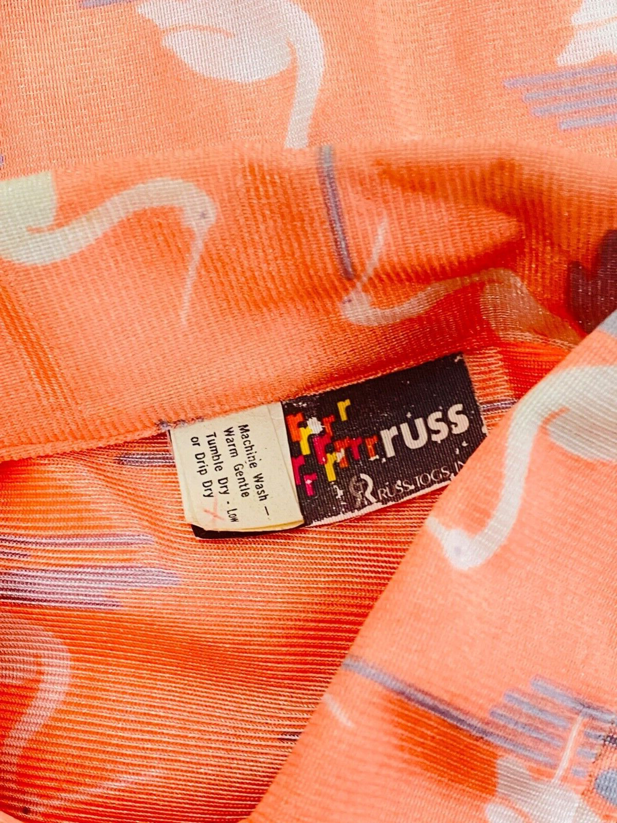 Vintage 1970s pink novelty print shirt, orange heron bird blouse deadstock disco