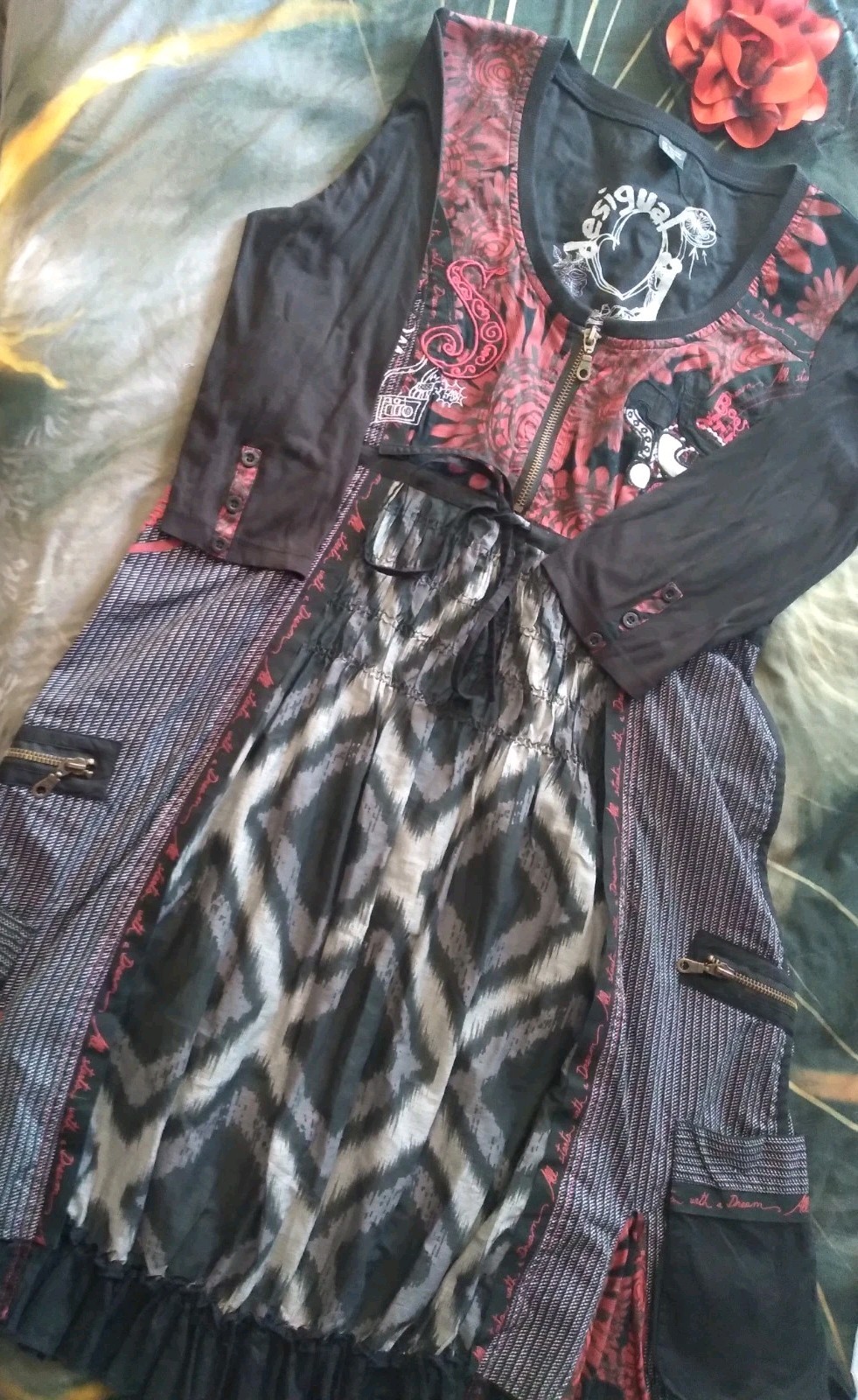 Vintage Desigual Dress Black Red Cotton Ruffle Hem Gothic Art Graffiti India