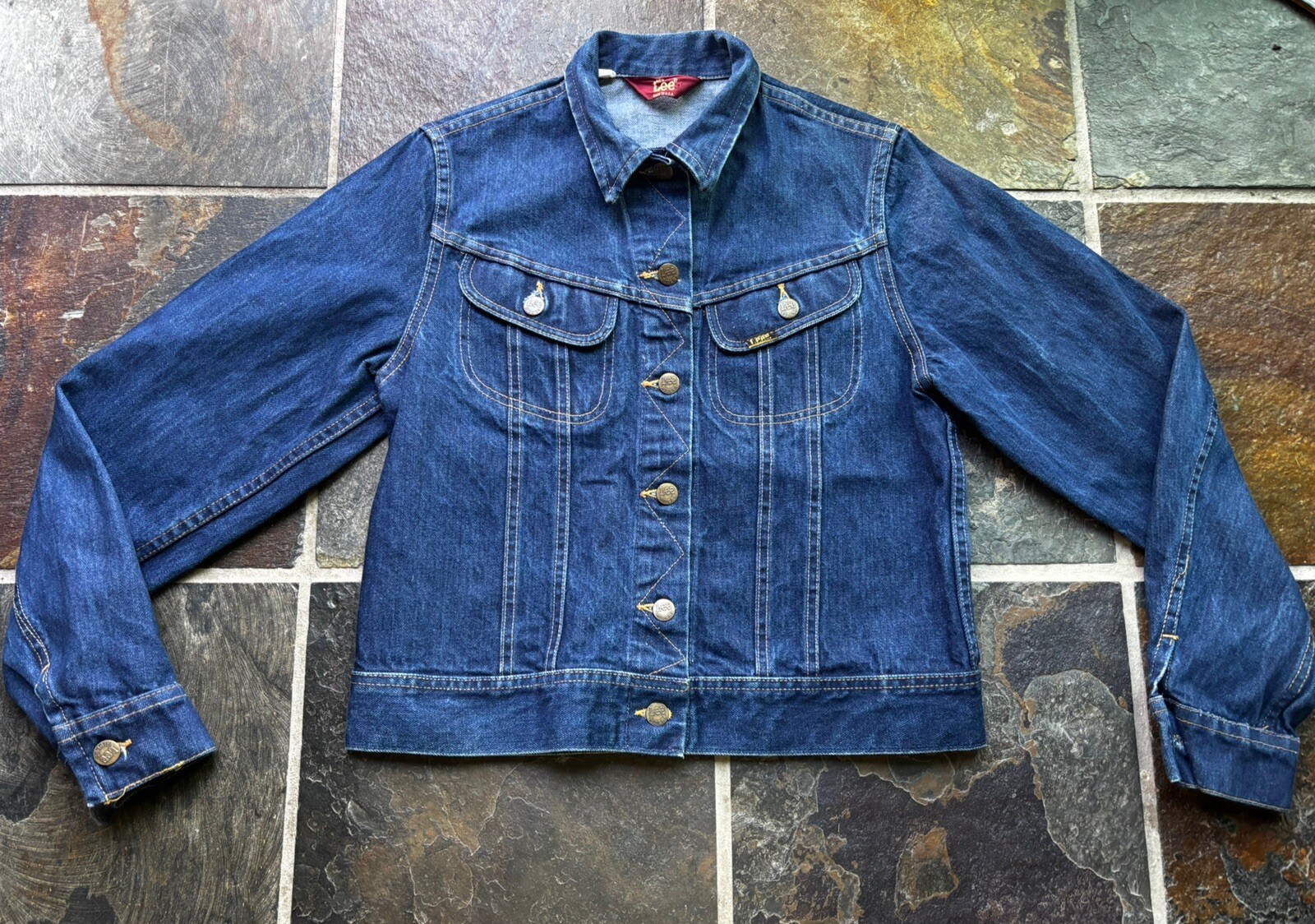 70s Ms LEE Rider Trucker Jacket.zig Zag Stitch.dark Wash.Small.