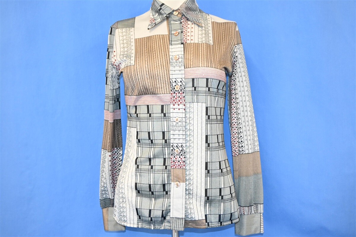 vtg 70s EGO CHICAGO GEOMETRIC NYLON BUTTON DOWN DISCO SHIRT WOMEN’S MEDIUM M