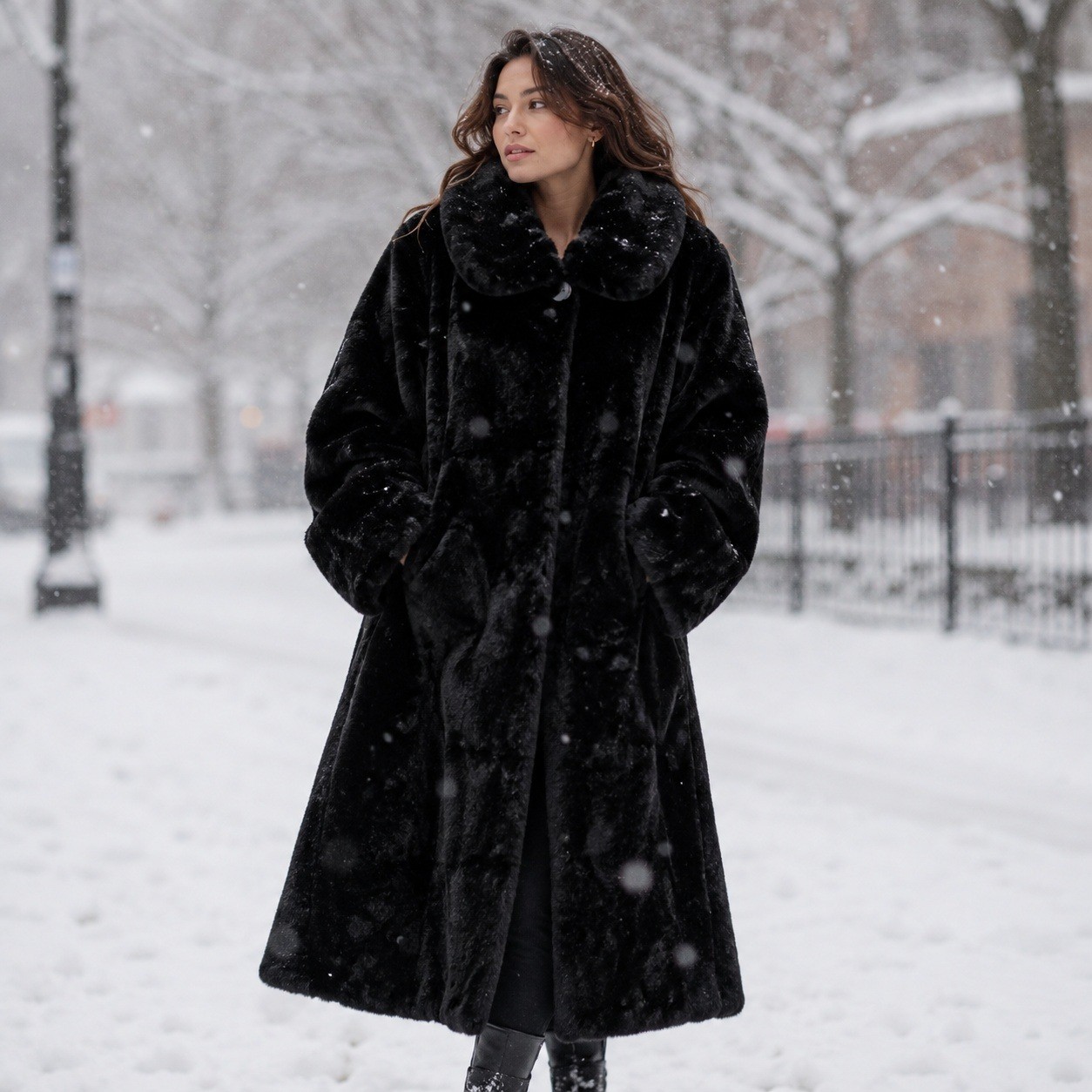 Gantos Faux Fur Swing Coat Women M/L Black Heavyweight Portrait Collar Plush