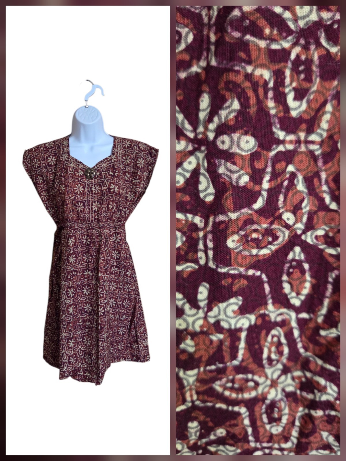 1960s Or 1970s Batik Dress Kamishimo Style Shouler Cap Sleeve Funky Print Sz S/M