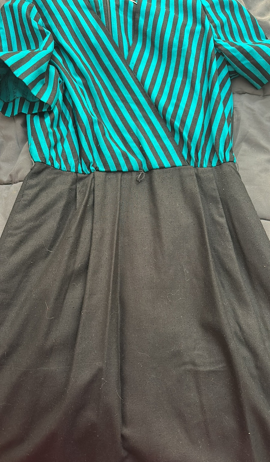 Vintage Kasper for A.S.L. 100%Silk Striped Teal & Black Dress with Matching Coat