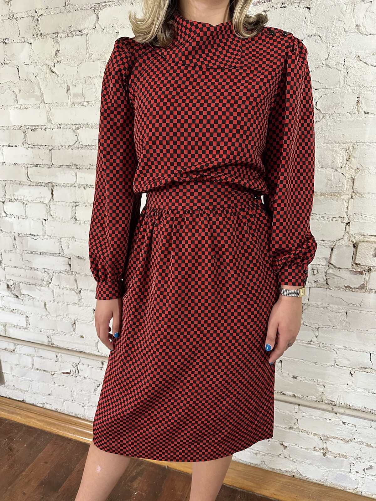 Vintage Albert Nipon Executive Dress 80’s Secretary Red Black Checkerboard S/M