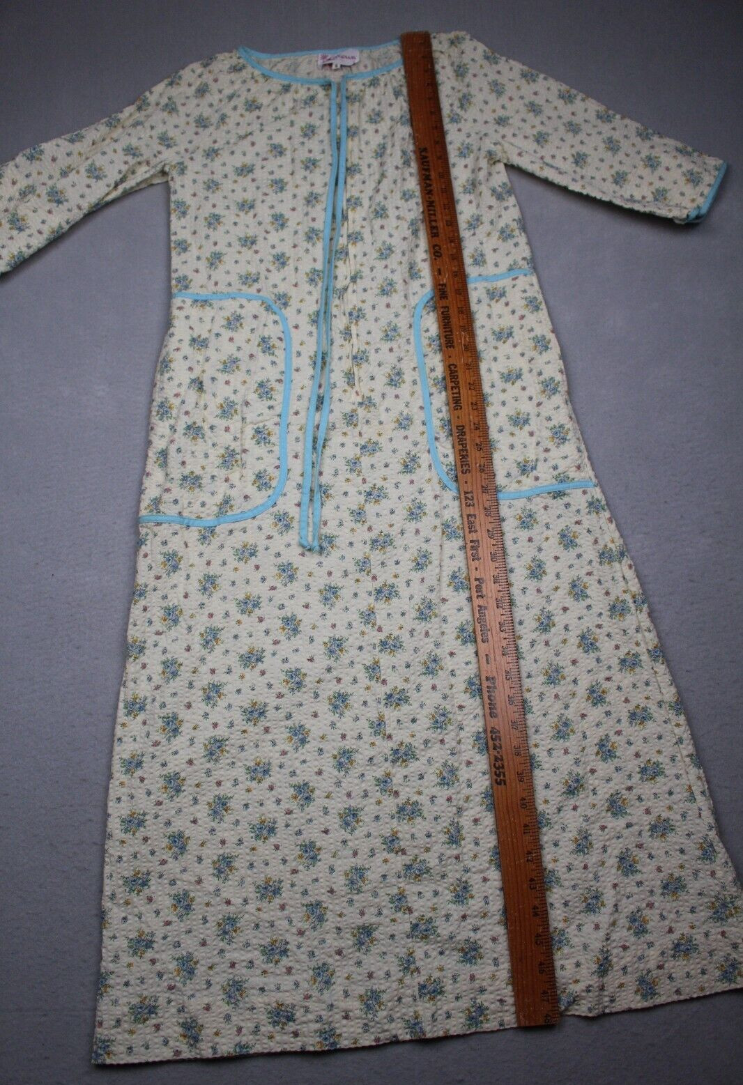 Vintage Keyloun Housecoat Nightgown Womens Small Floral Cotton Blue Yellow 1960s