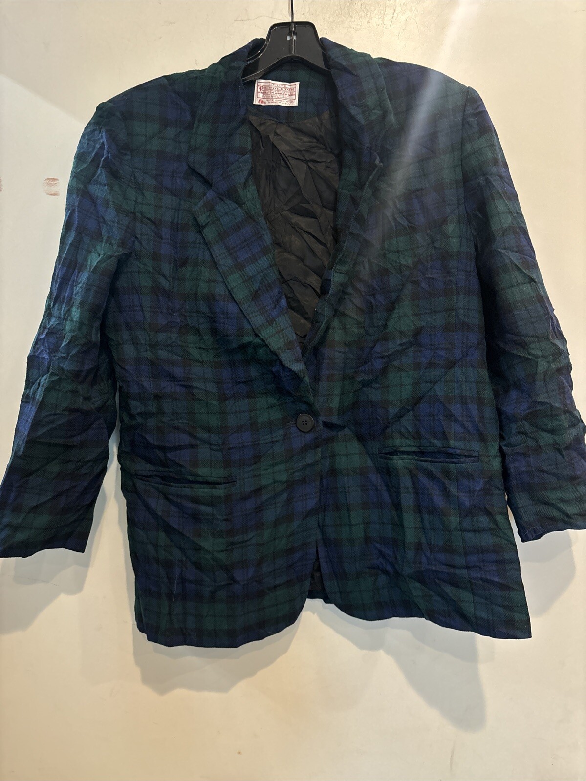 VINTAGE PETITE PENDLETON BLUE/GREEN/BLACK PLAID BLAZER 21” PIT TO PIT