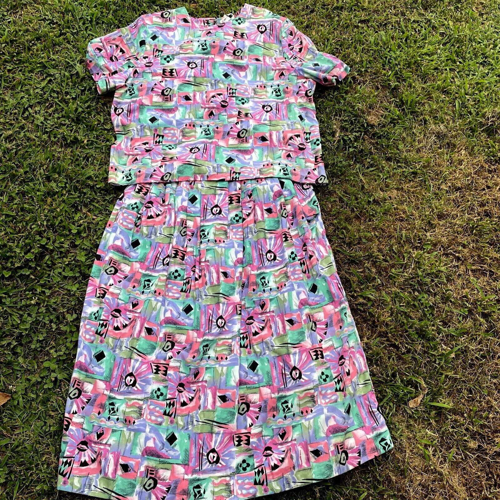 Vintage KATIE BROOKE 2 Piece Outfit Skirt SUIT Top Blouse BRIGHT AZTEC L❤️sj7m59