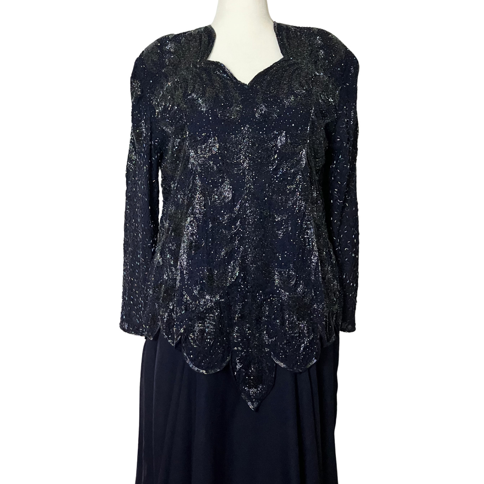 Vintage 80s 90s Navy Blue Beaded Formal Dress Long Sleeves. XL/XXL. Modest