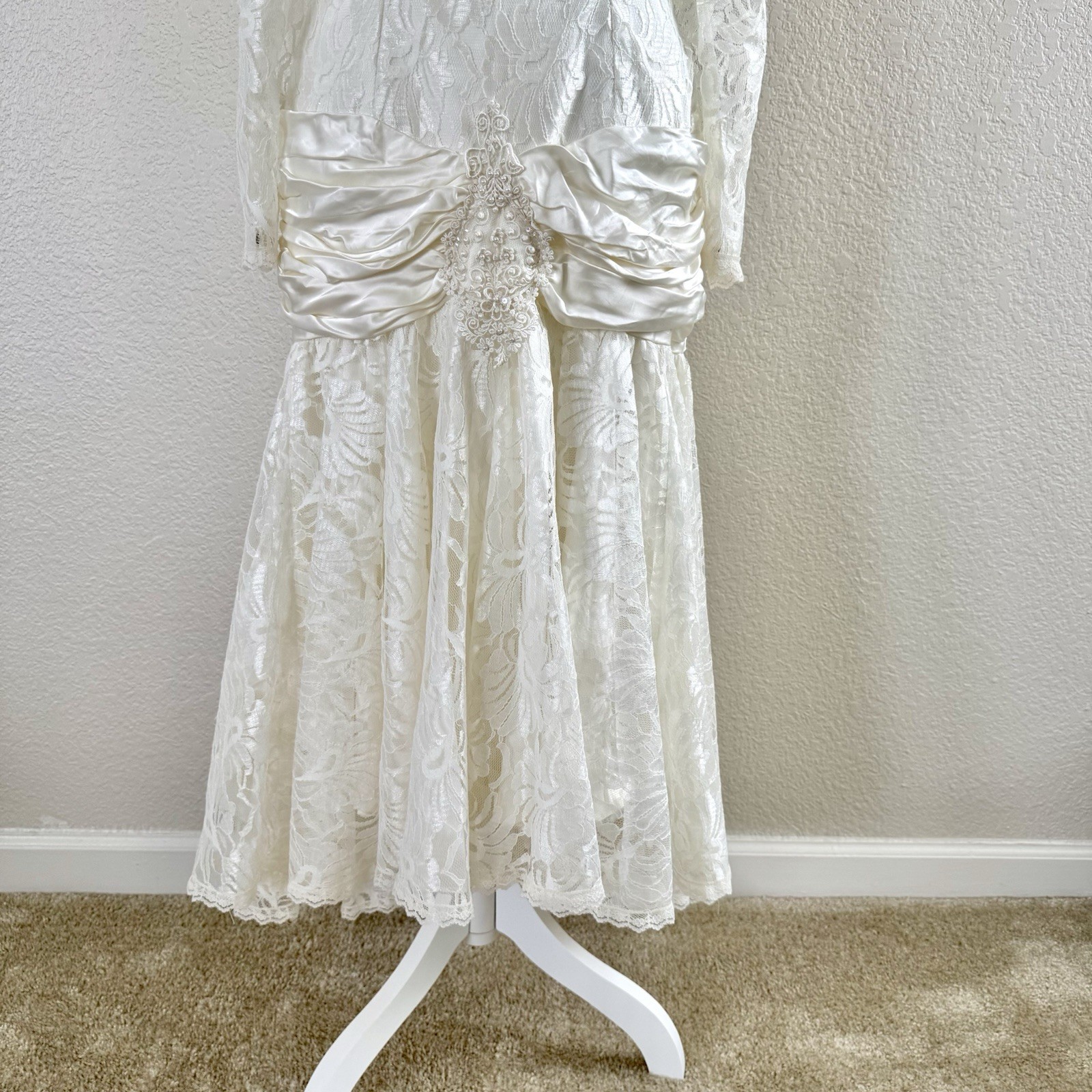 Vintage 80s Bonnell White Lace Chiffon Hi Lo Dress Wedding Prom Party Deco Sz M