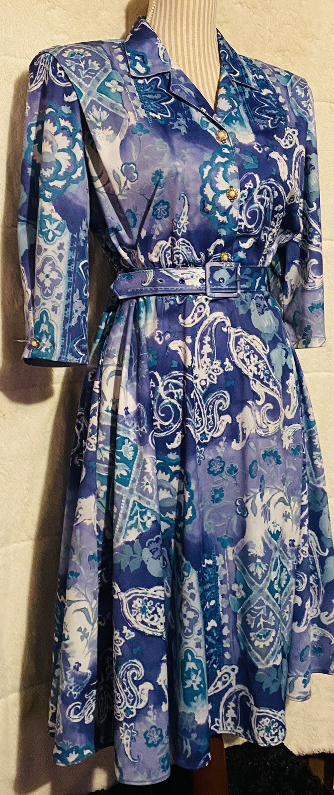 VTG 70s 80s California LOOKS Floral Paisley Belted Tea Day Dress Blue Women’s 8P