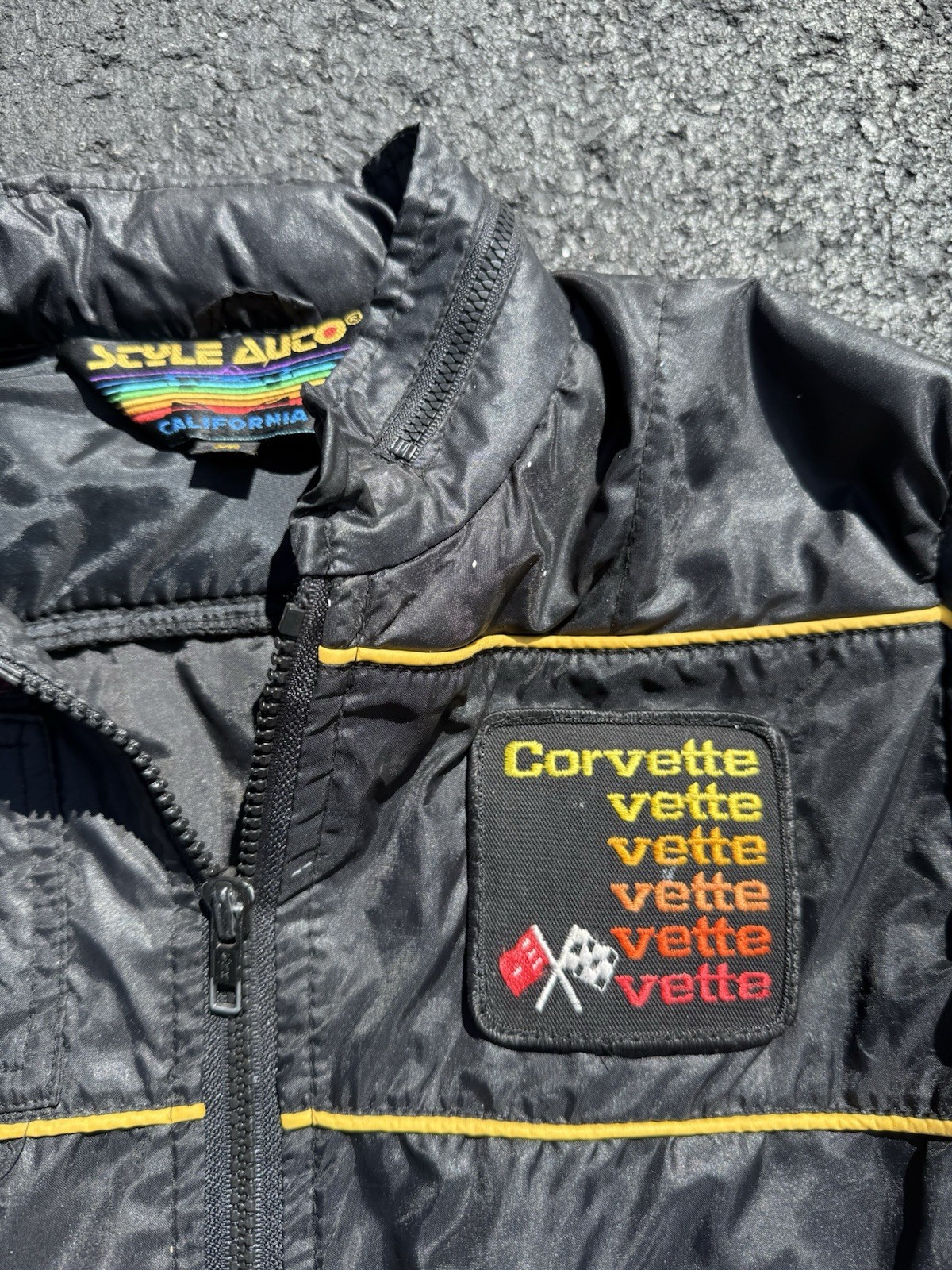 VINTAGE 1980s Black STYLE AUTO CORVETTE JACKET PATCH RACING Car Padded XS