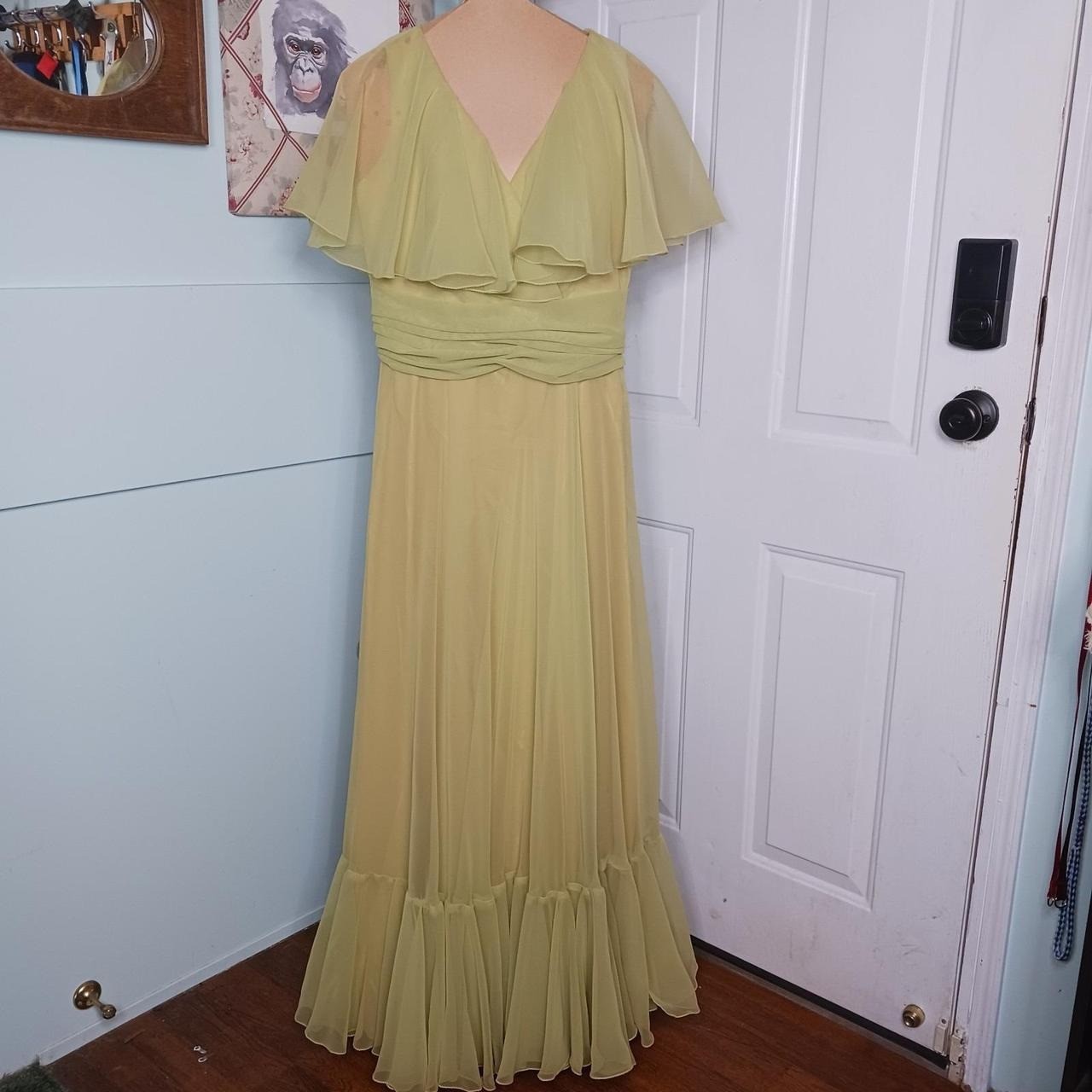 1970s Marita by Anthony Muto Chartreuse Evening Dress Rouche Flowy