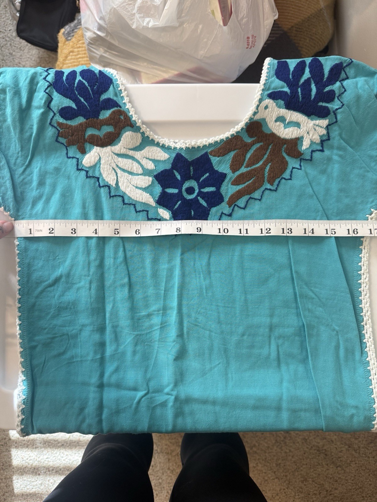 Silvia Suarez Traditional Textiles Embroidered Cap Sleeve Top in Blue Size XS/S