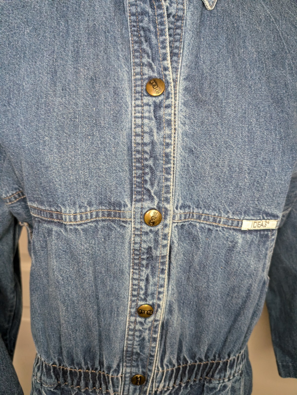 Vintage 1980s IDEAS Denim Jumpsuit Made In USA Medium Excellent Snap 3/4 Sleeves