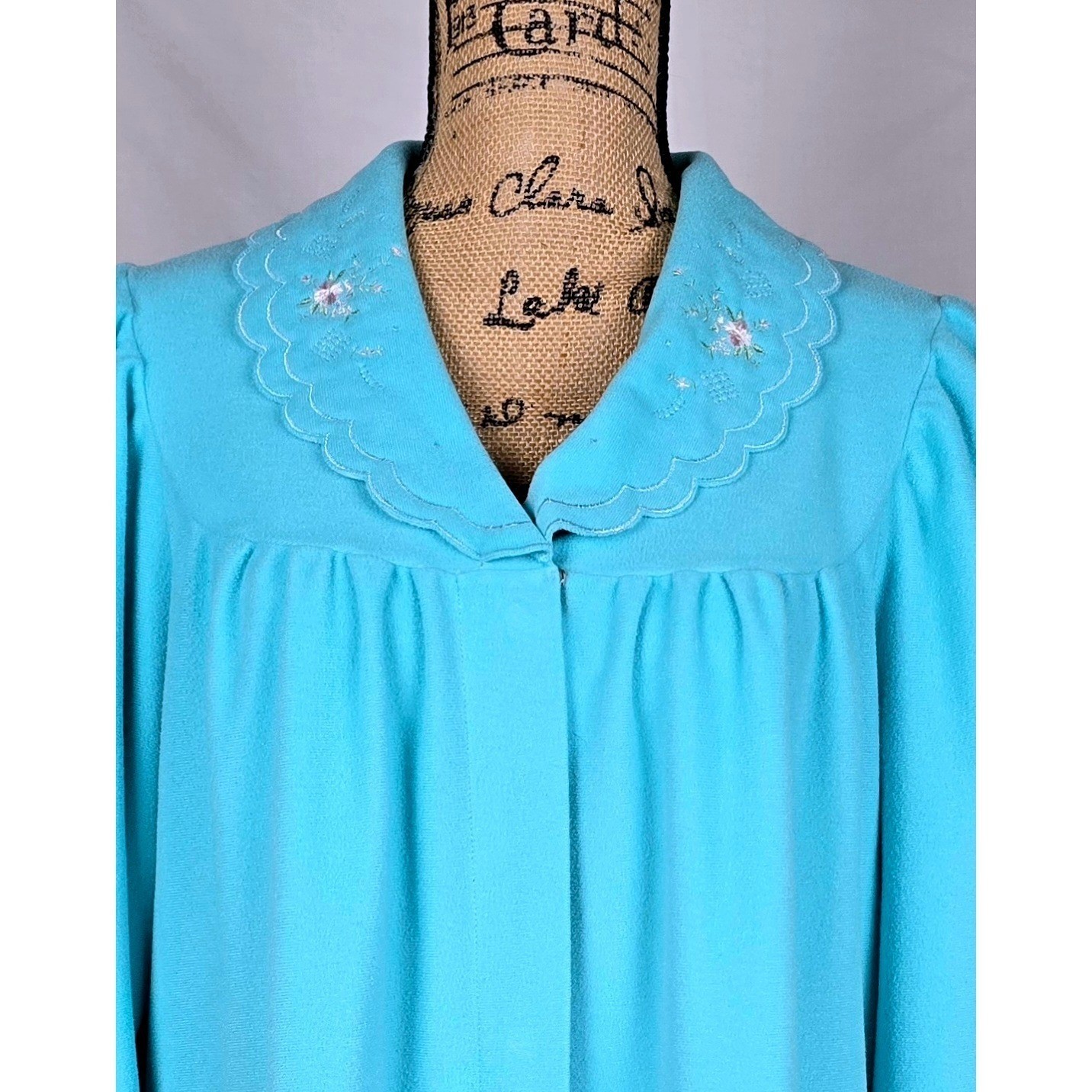 Vintage Shadowline Robe Turquoise Blue Fleece Floral Embroidered Snap Front L