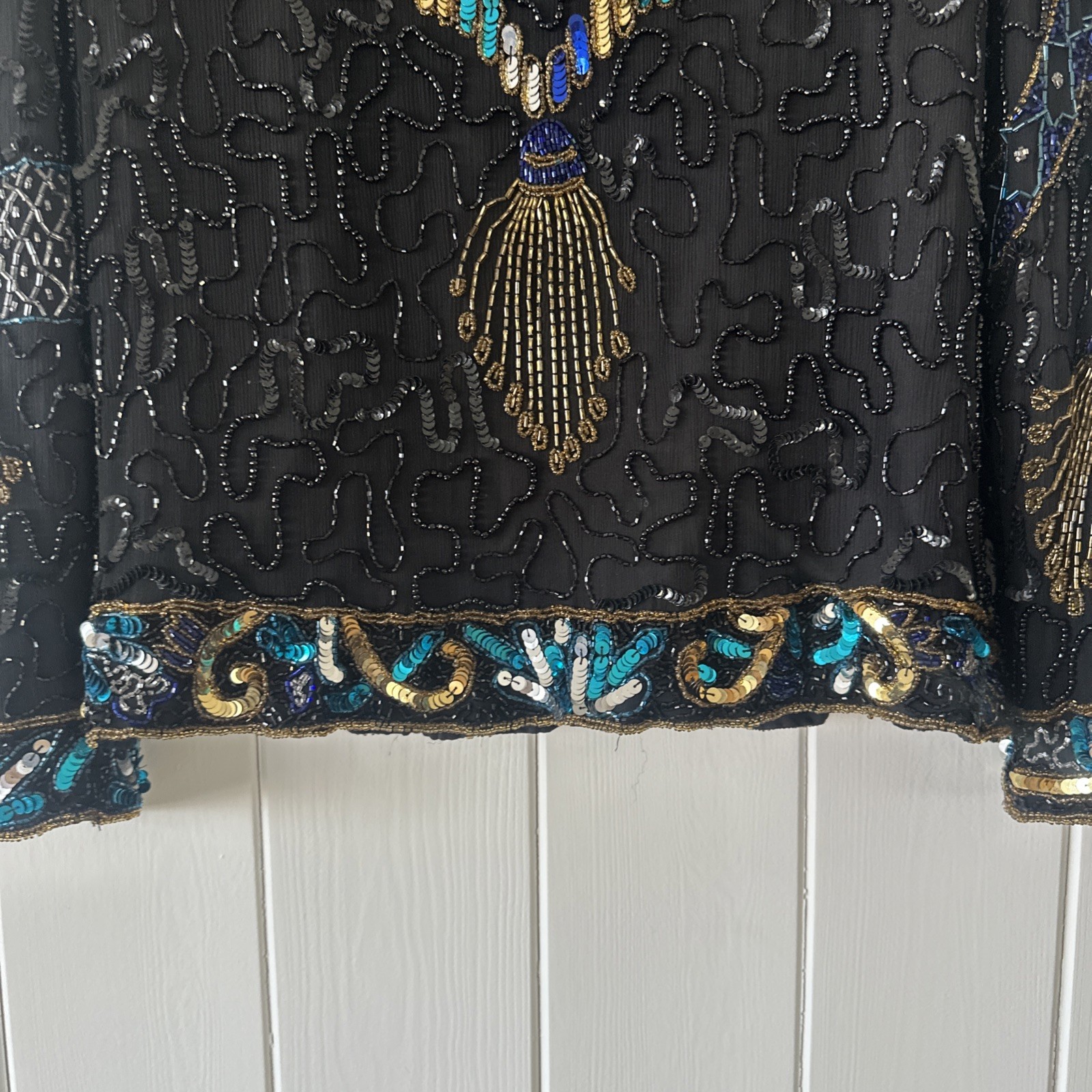 LAURENCE KAZAR Jacket 💯 Silk Lined Beaded Sequins Black Gold Large Clean