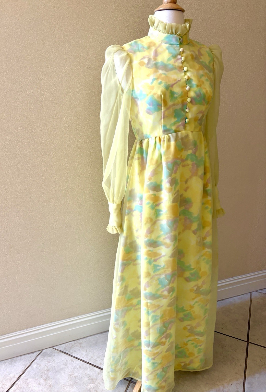 70s Vintage Organza Gown Maxi Dress Yellow Cottagecore Prairie High Collar Small