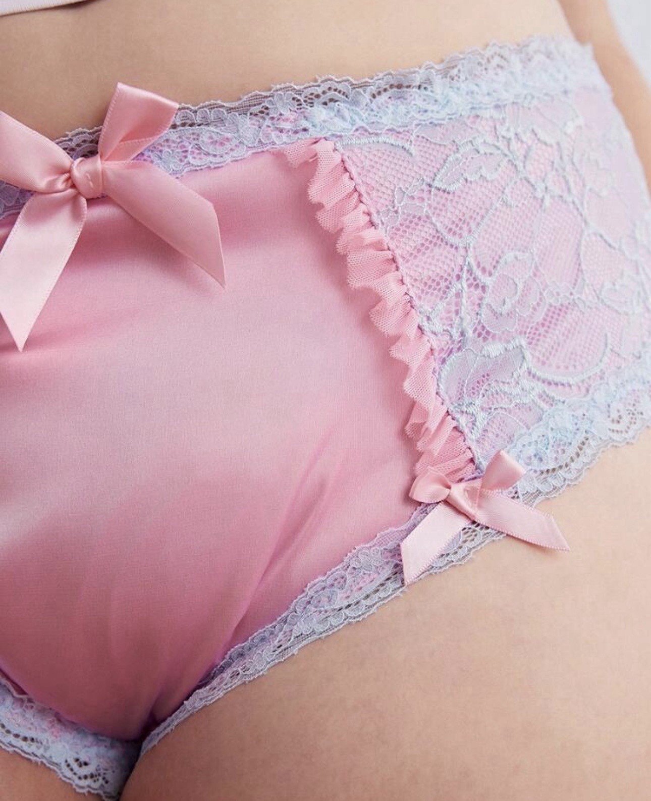 Glossy Pink Satin & Blue Lace Sissy Brief Panties 4X 4XL NEW Bows