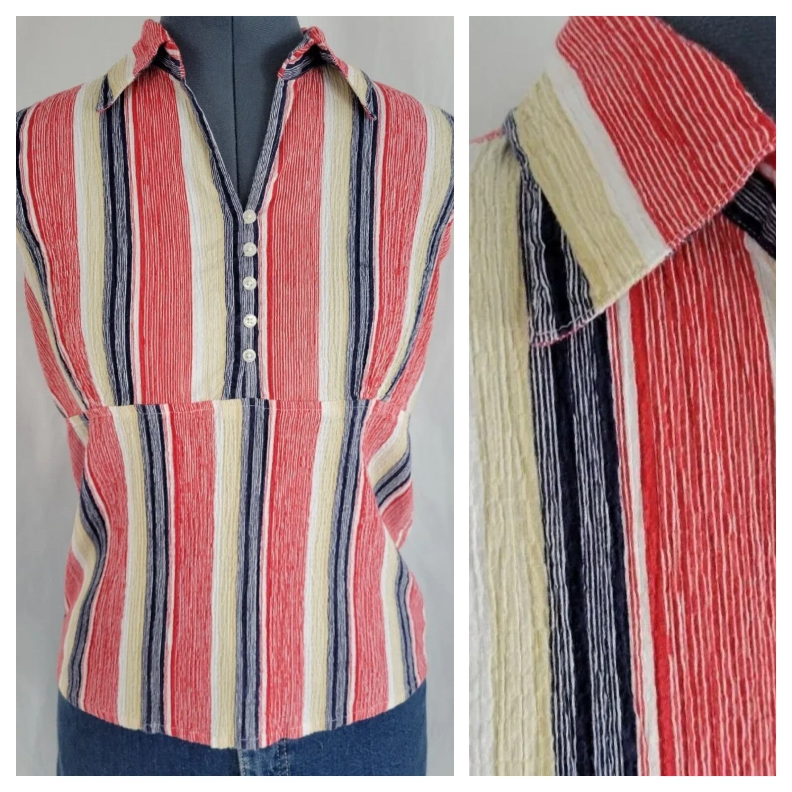 Vintage Krazy Kat Red/Blue/Beige/White Striped Sleeveless Top Size Medium
