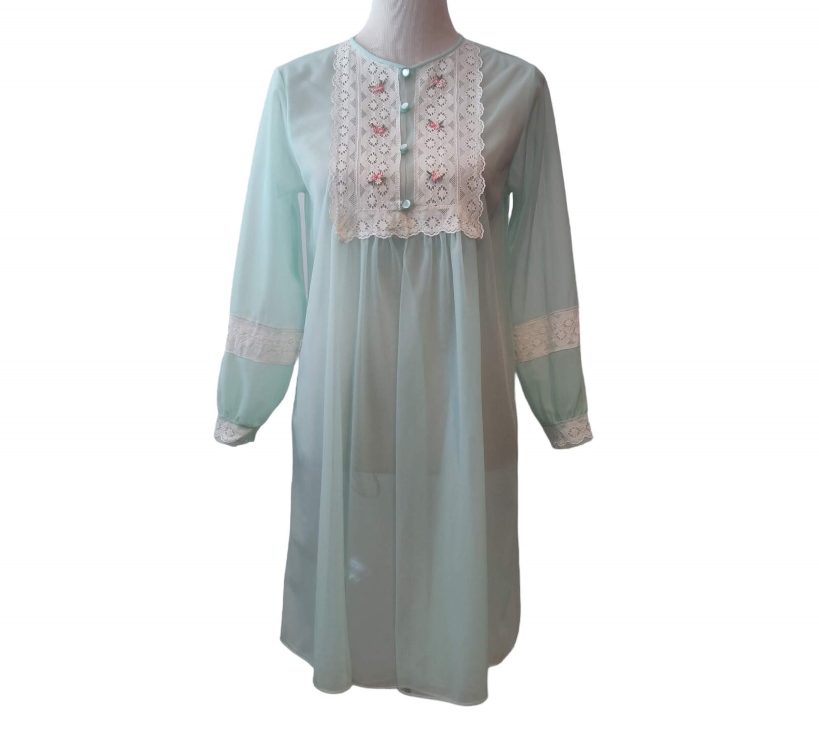 Gilead Womens Vtg Mint Green Lace 1/4 Button Lightweight Semi Sheer Nylon Robe S