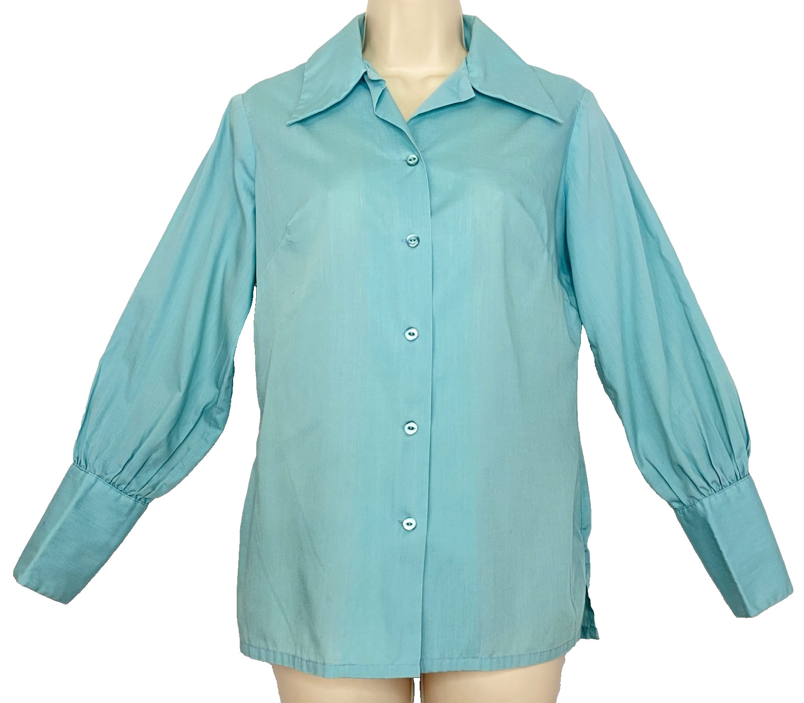 Vintage 1970s teal blouse XS long balloon sleeves cotton blend shirt top button