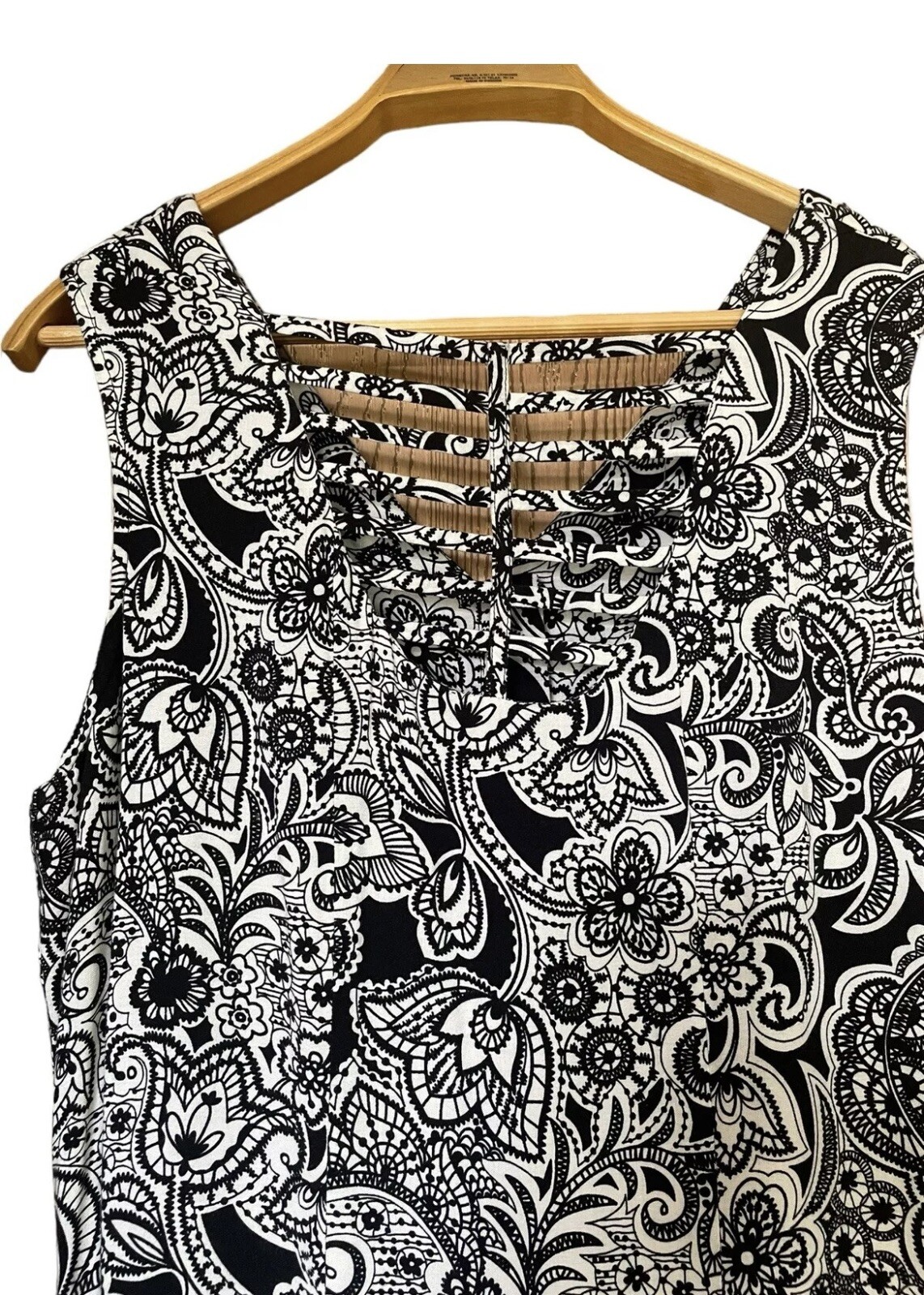 VTG 90s J.B.S Black White Paisley Button Down Open Cut Out Sleeveless Dress 14
