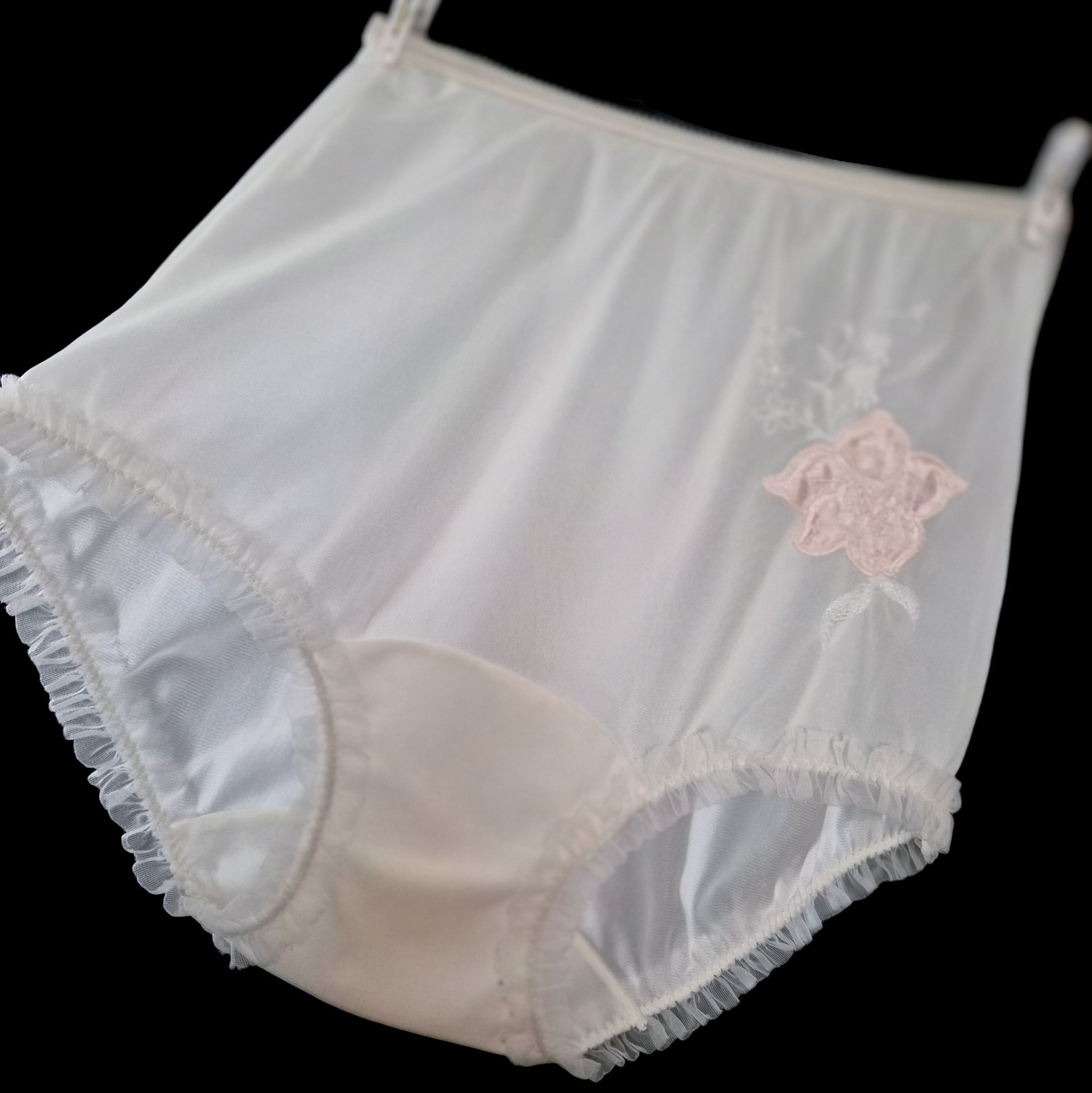 Vintage NYLON Gusset GRANNY Panties SHEER Hi-Rise CHIFFON Lace FLORAL Design M/L
